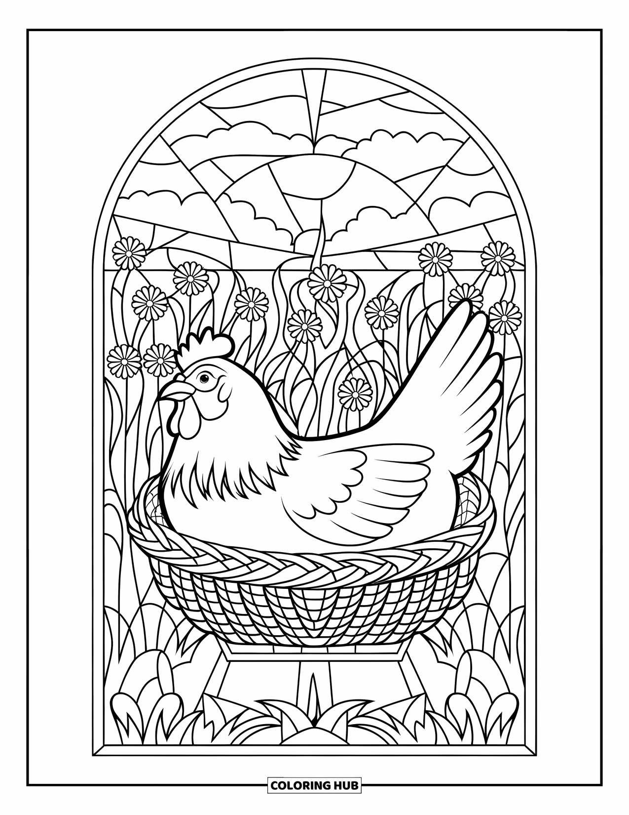 Chicken Coloring Page for Adults: Hen resting in a basket with a stained glass meadow behind