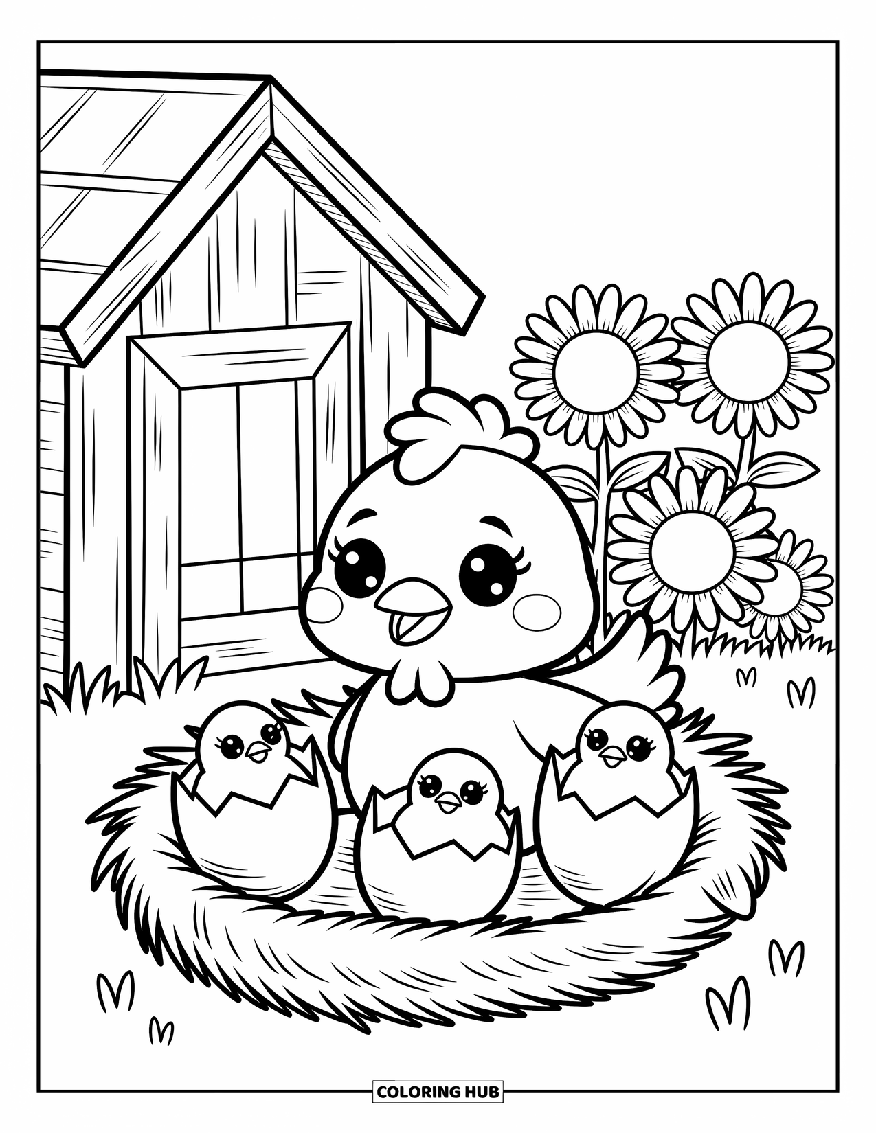 Chicken Coloring Page for Adults: Hen sits with chicks in a nest near a coop and sunflower patch