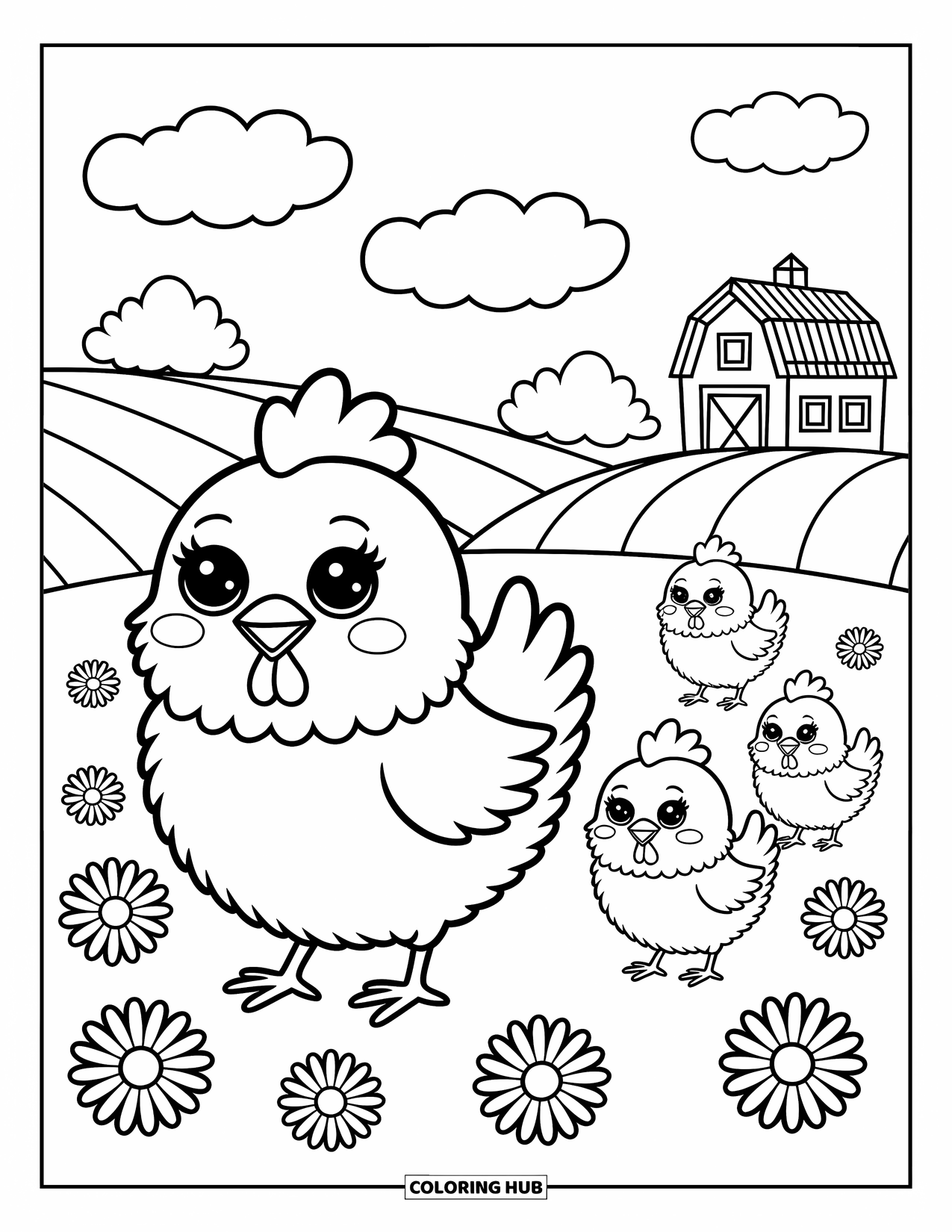 Chicken Coloring Page for Adults: Hen with big eyes leads chicks across a field of daisies