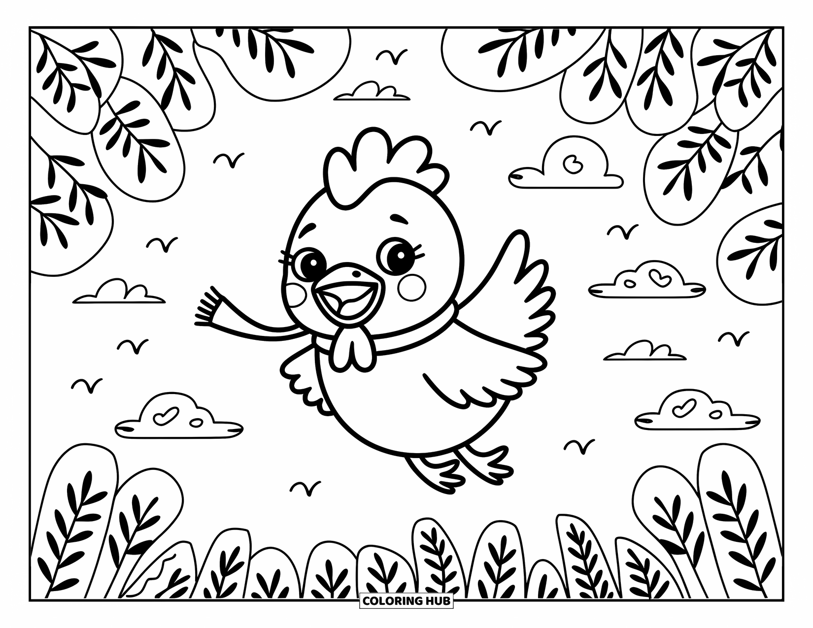 Chicken Coloring Page for Adults: Joyful chicken soars through clouds, scarf in beak, above leafy trees