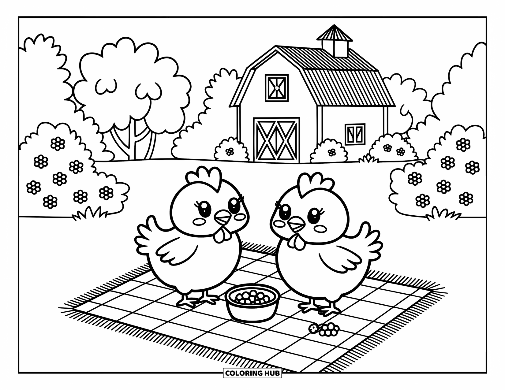 Chicken Coloring Page for Adults: Kawaii chickens share berry treats on a blanket near blooming bushes