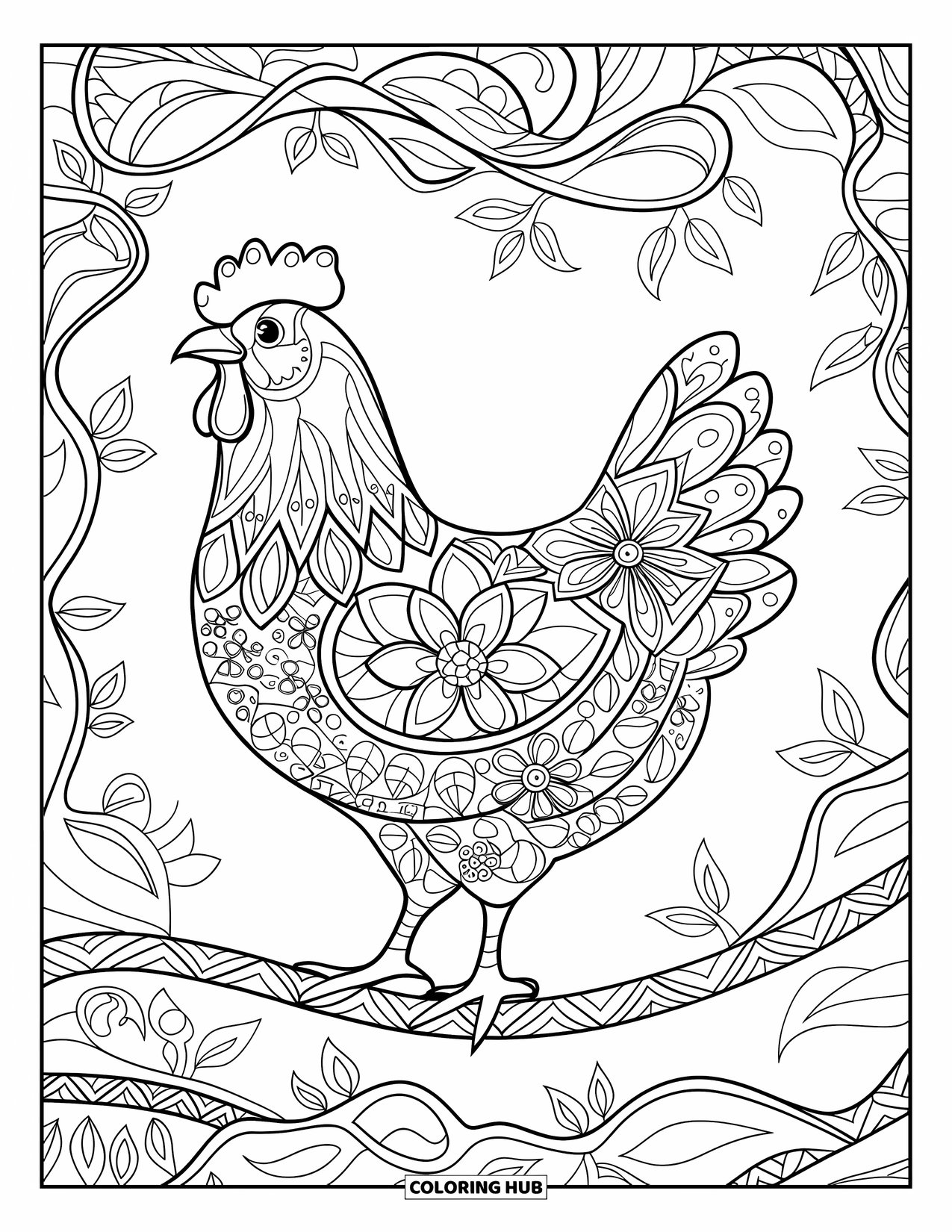 Chicken Coloring Page for Adults: Mandala chicken on a branch with leafy background