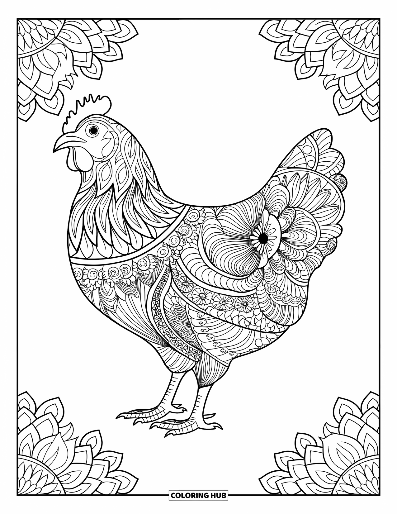 Chicken Coloring Page for Adults: Mandala-style chicken filled with flowers and leaves