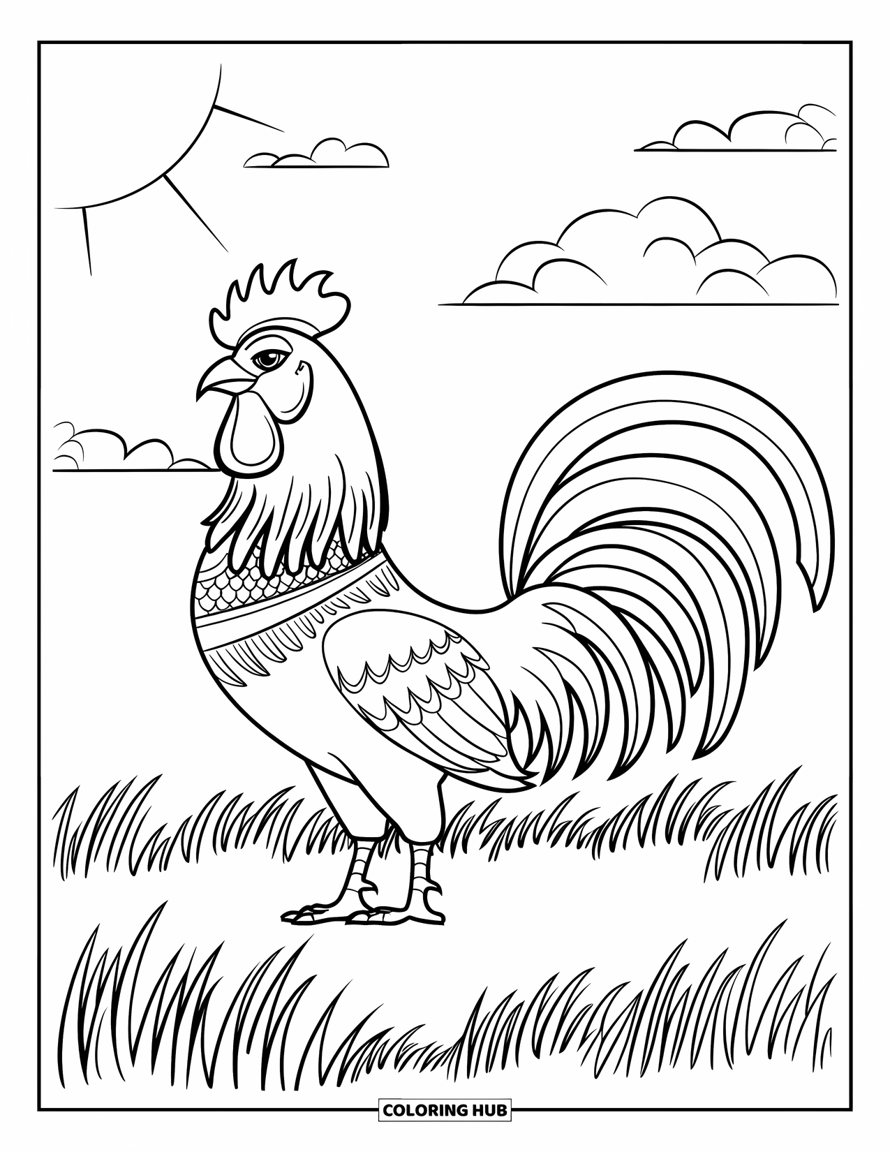Chicken Coloring Page for Adults: Rooster in a field wearing a crown with clouds in the sky