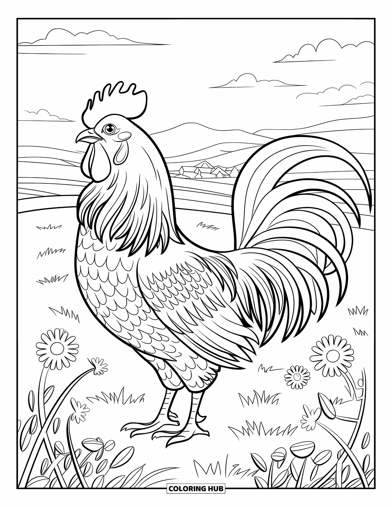 Chicken Coloring Page for Adults: Rooster stands proudly in a field with hills and a distant village