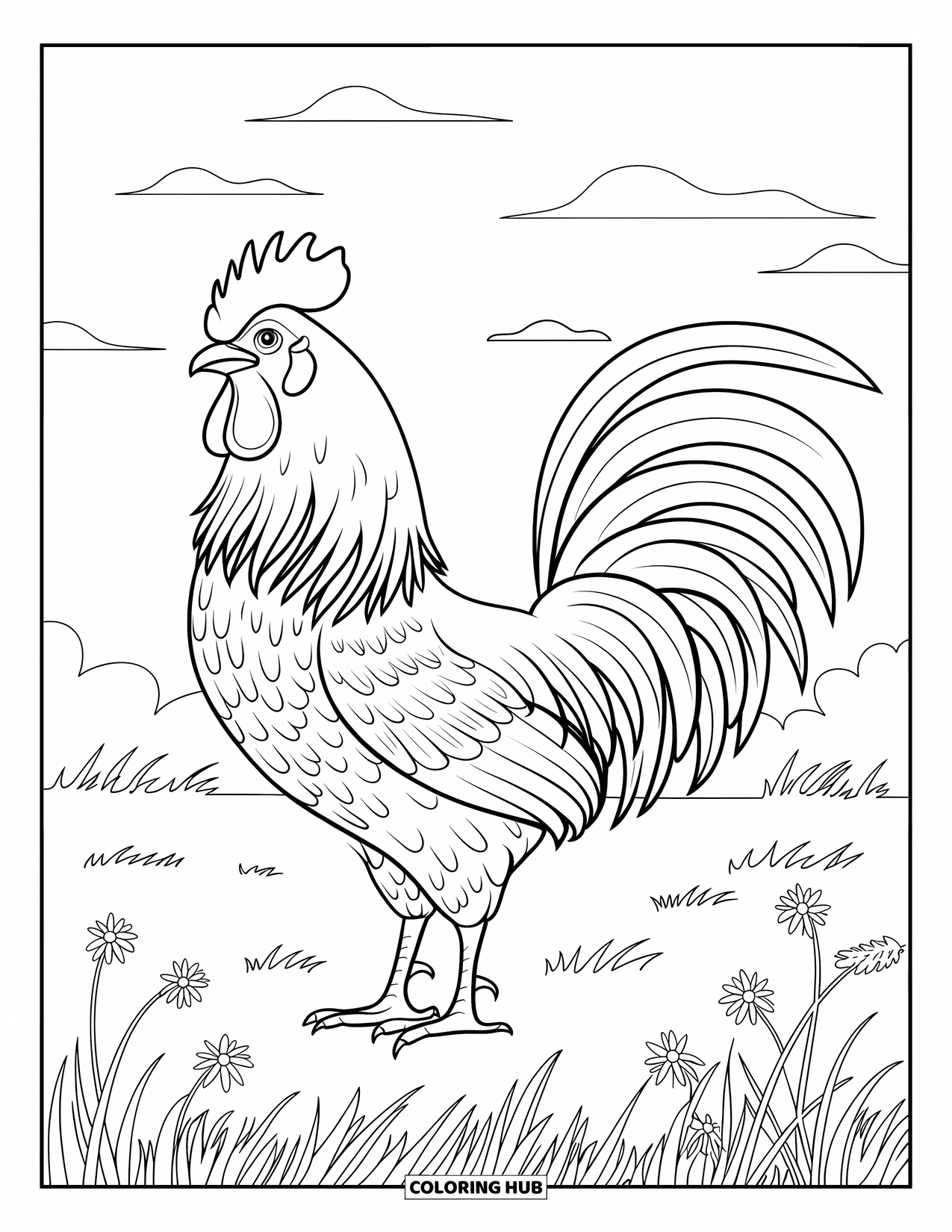 Chicken Coloring Page for Adults: Rooster with feather details in a field of wildflowers