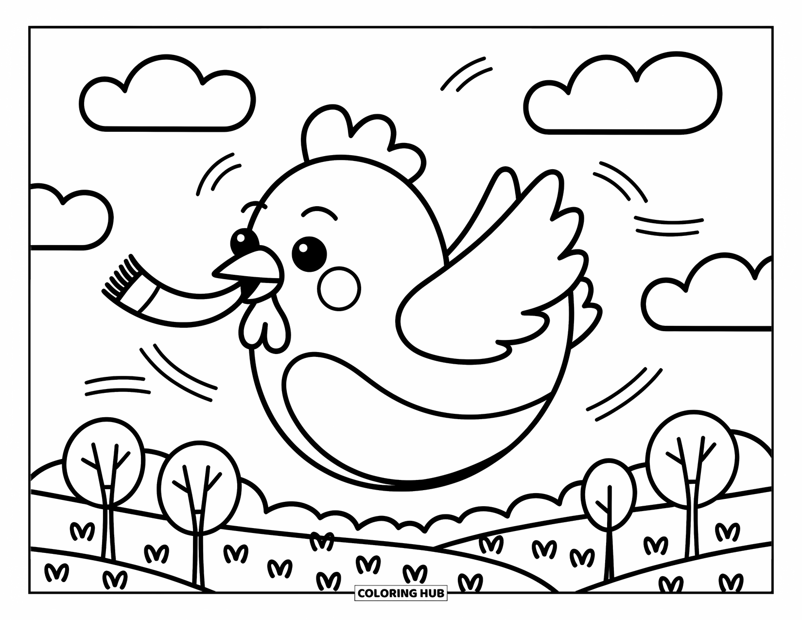 Chicken Coloring Page for Adults: Smiling chicken flies low over a meadow holding a tiny scarf