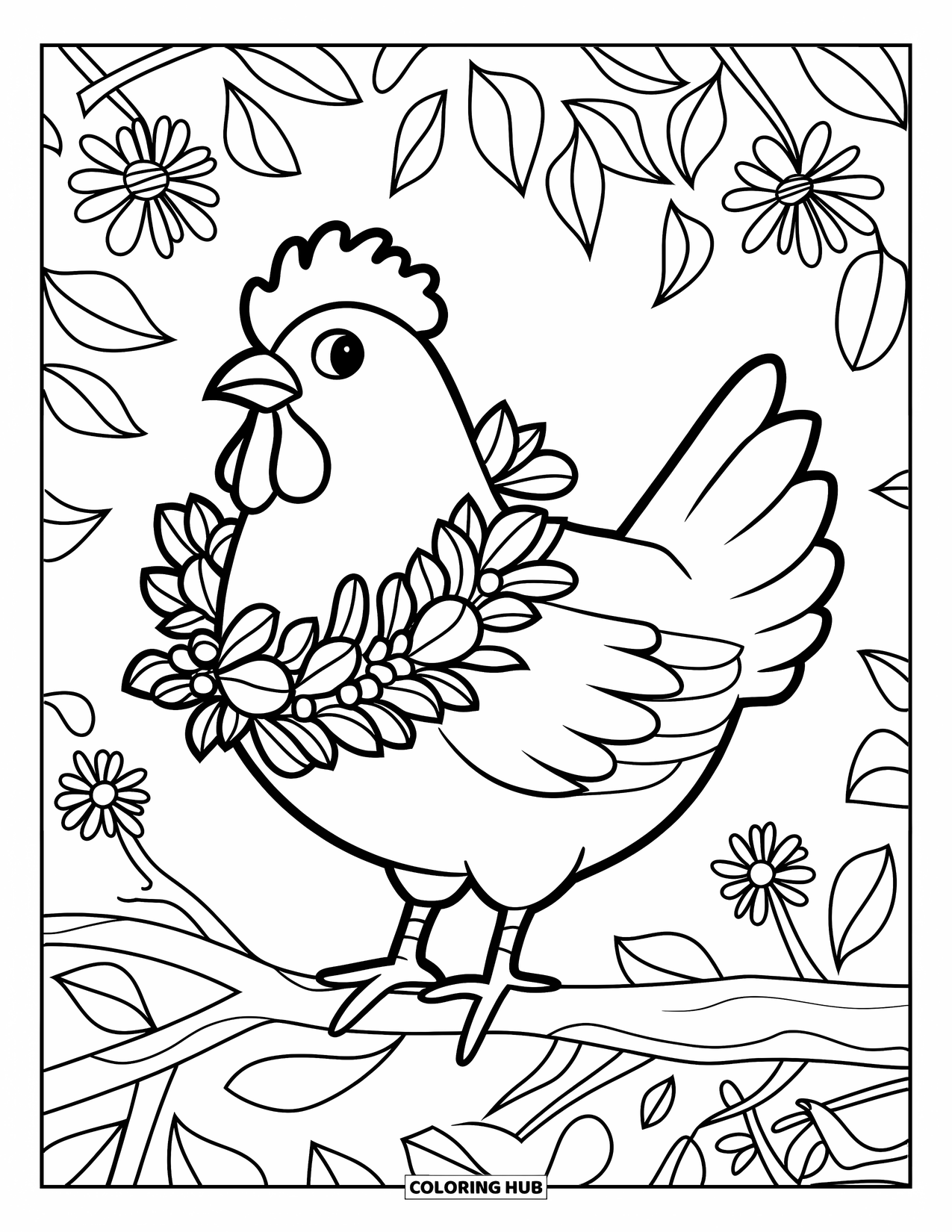 Chicken Coloring Page for Adults: Stylized chicken in a flower wreath with leafy background