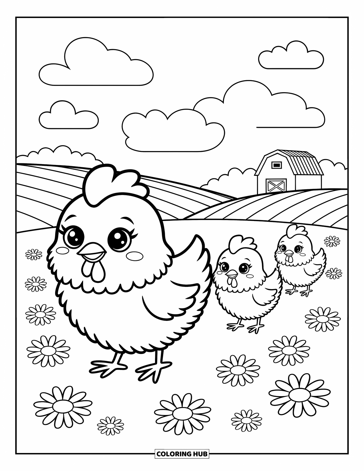 Chicken Coloring Page for Adults: Sweet hen and three chicks walk past daisies and a cozy barn