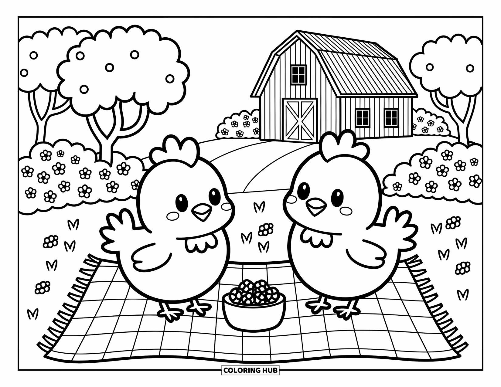 Chicken Coloring Page for Adults: Two chickens enjoy a picnic with berries near a cozy barn