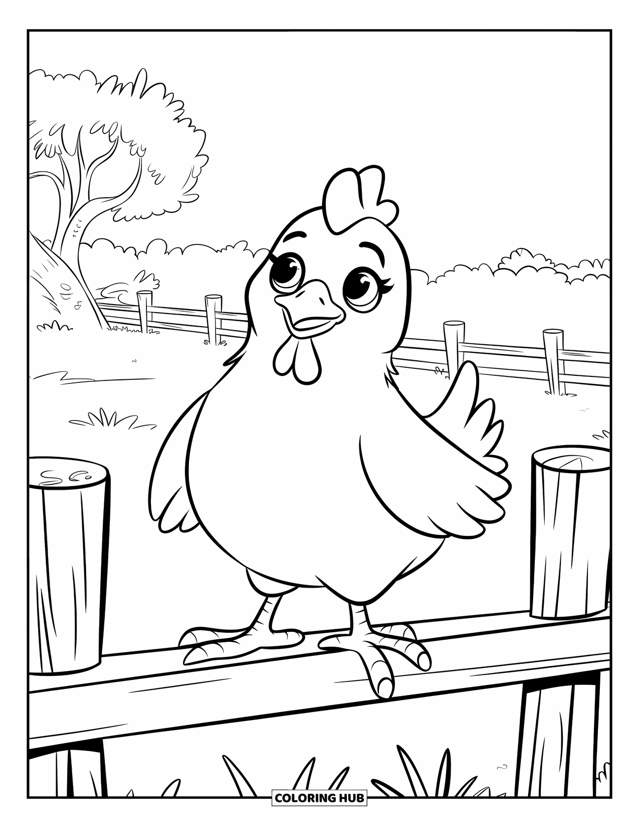 Chicken Coloring Page for Kids: Cheerful chicken with big eyes standing on a fence in a green field
