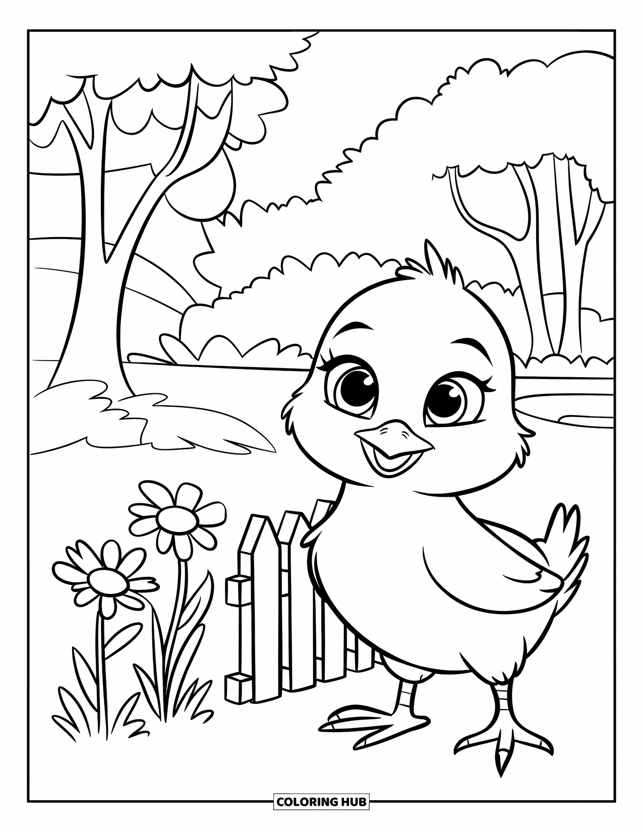 Chicken Coloring Page for Kids: Chick beside a fence and wildflowers with a tree in the background