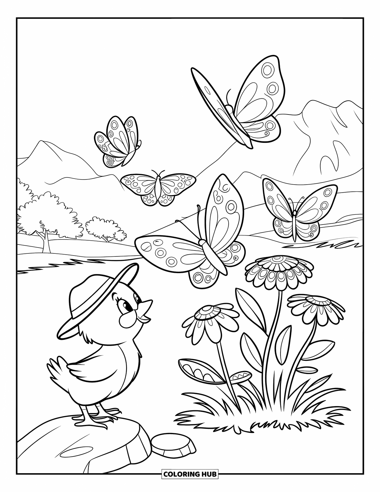 Chicken Coloring Page for Kids: Chick in a hat watching butterflies over patterned flowers