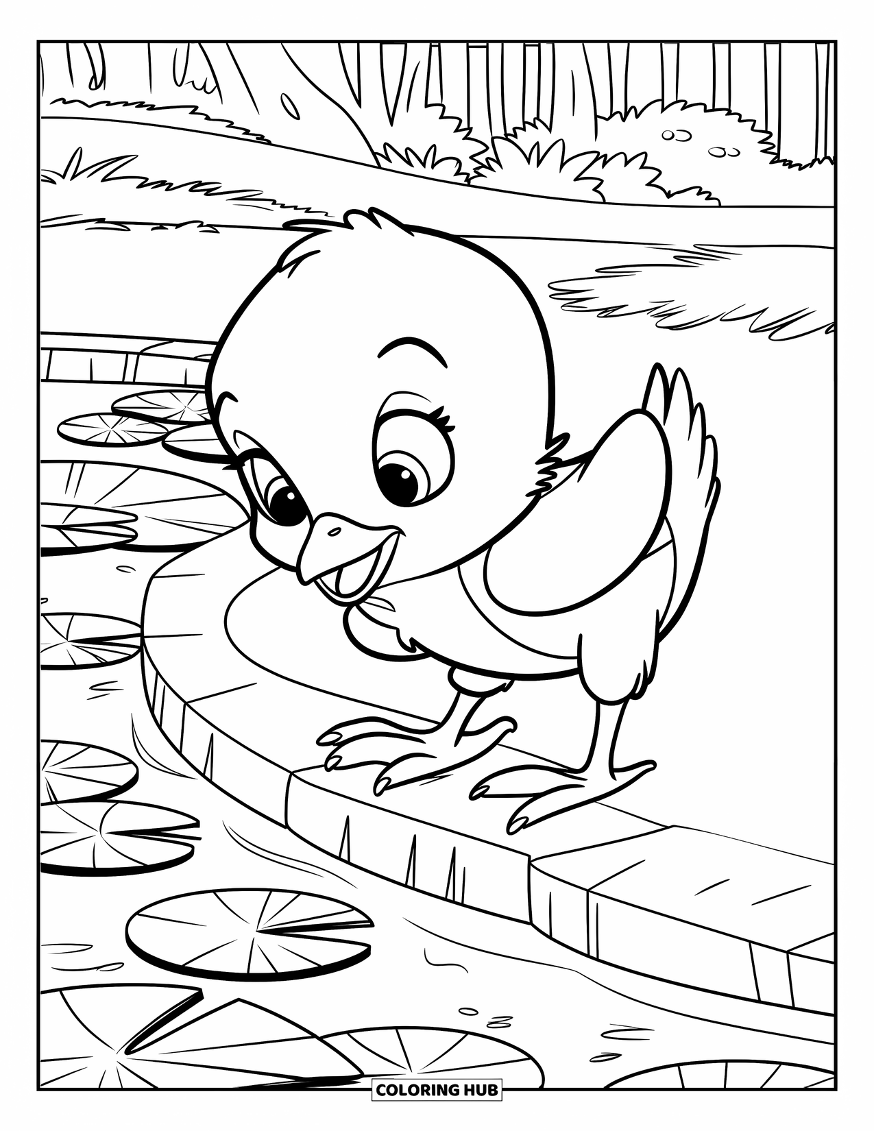 Chicken Coloring Page for Kids: Chick in a shirt stands by a pond with a path and trees