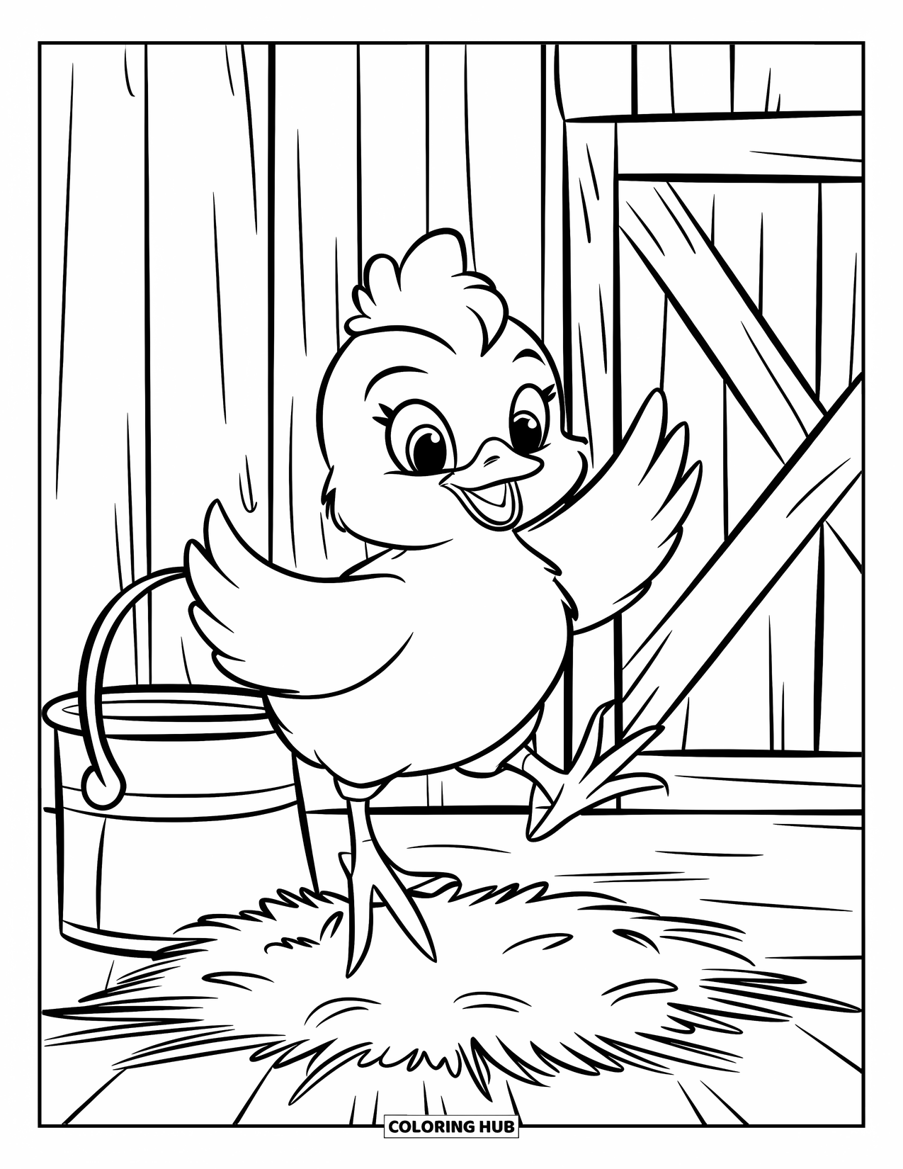 Chicken Coloring Page for Kids: Chick jumping on straw next to a bucket on the farm