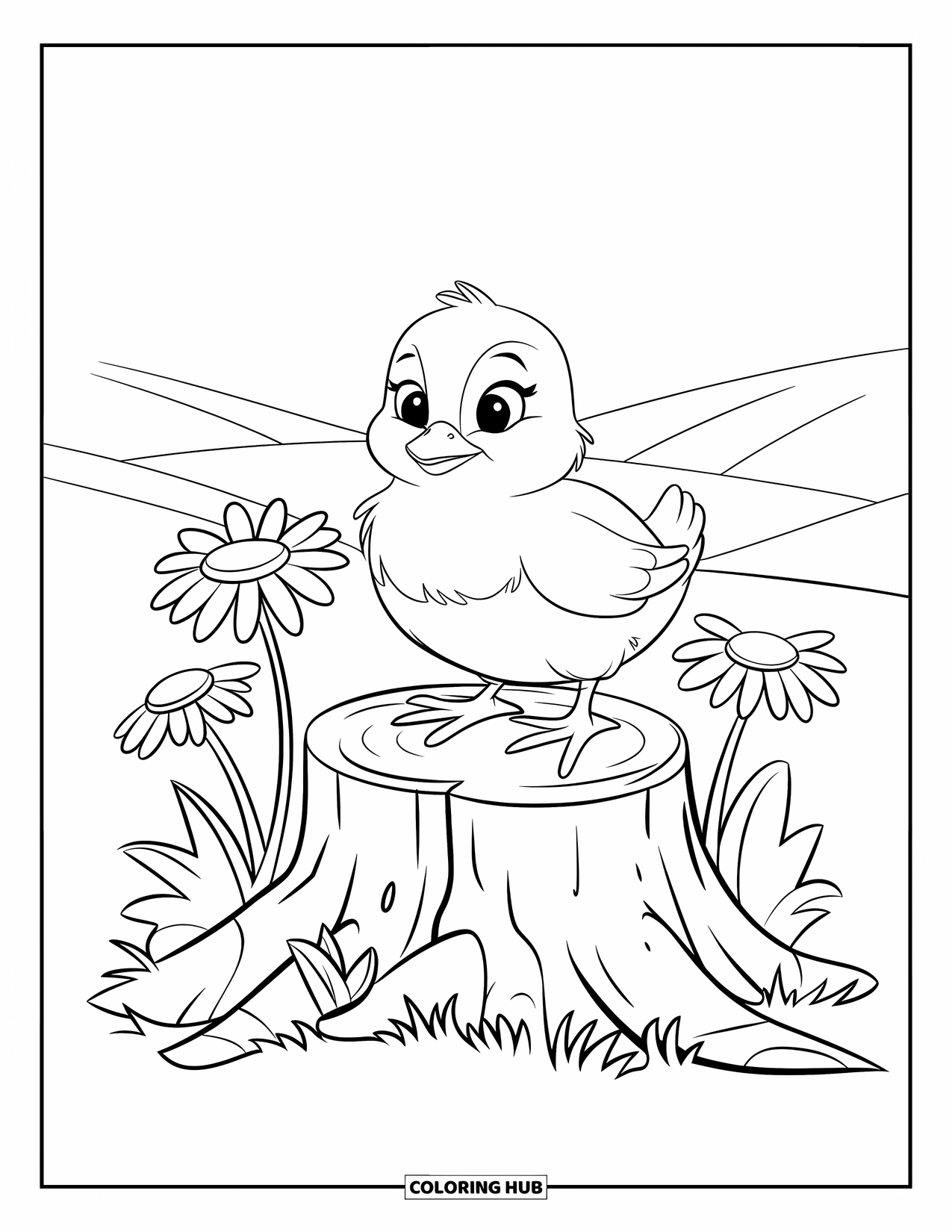 Chicken Coloring Page for Kids: Chick on a weathered stump surrounded by daisies and hills