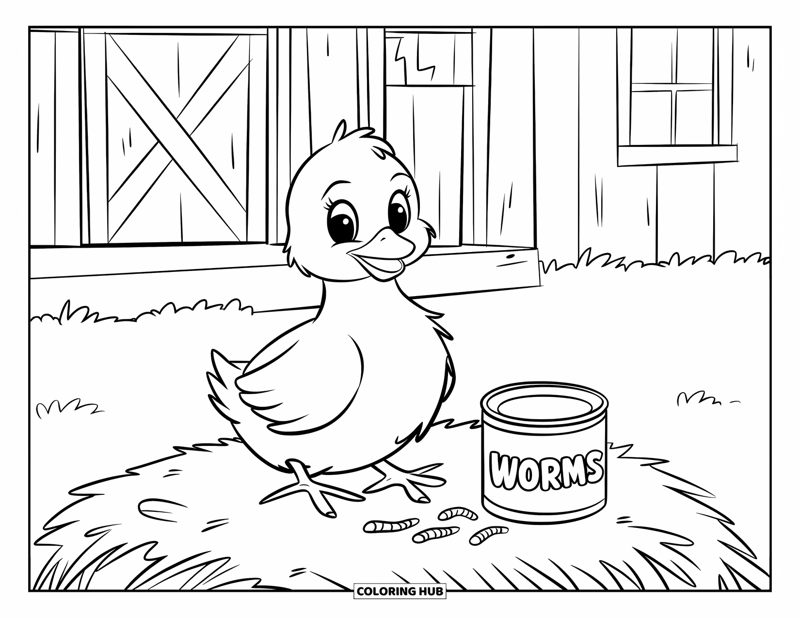 Chicken Coloring Page for Kids: Chick sitting on a hay bale with a can of worms nearby