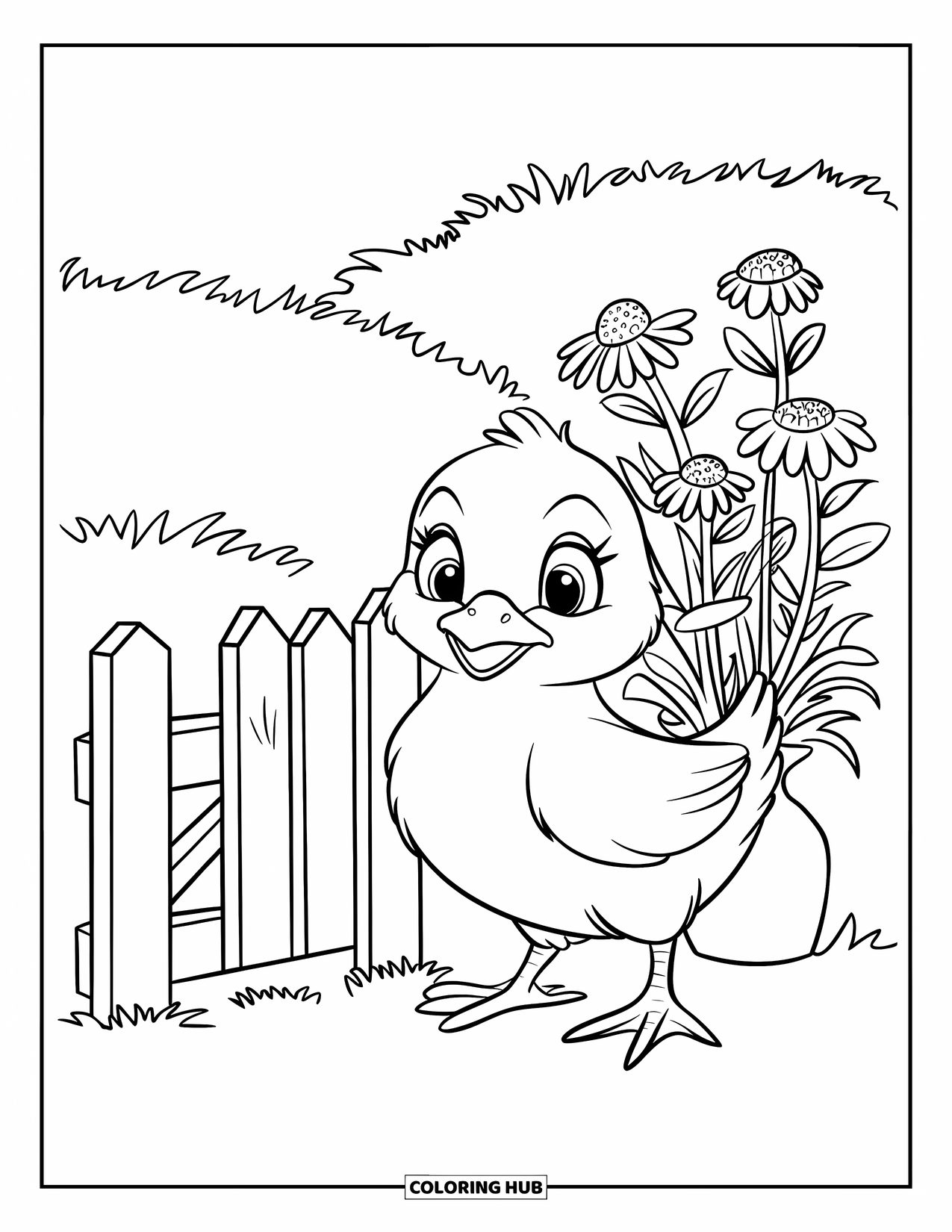 Chicken Coloring Page for Kids: Chick stands near a small fence and wildflowers in a green field