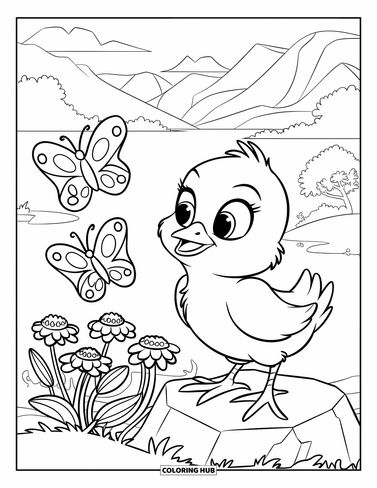 Chicken Coloring Page for Kids: Chick watching butterflies fly above a flower patch