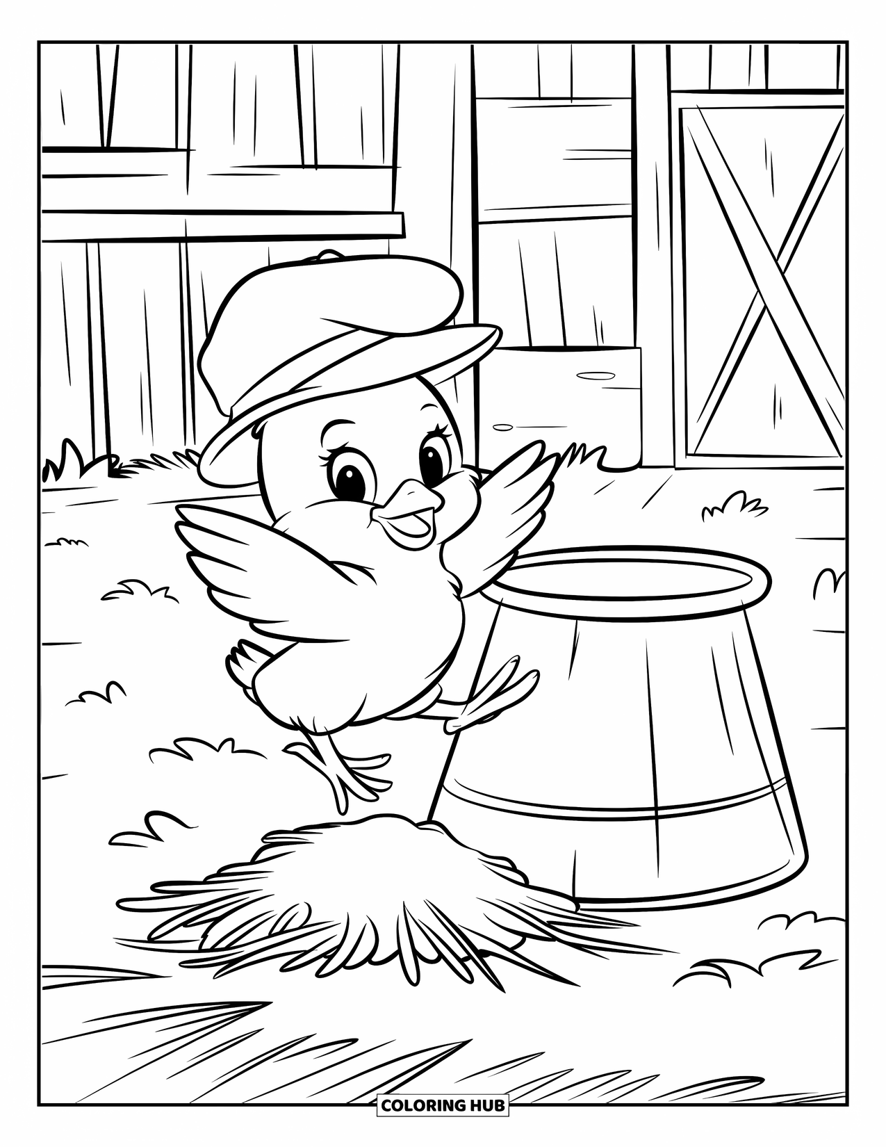 Chicken Coloring Page for Kids: Chick with a hat jumping on straw beside a barn door