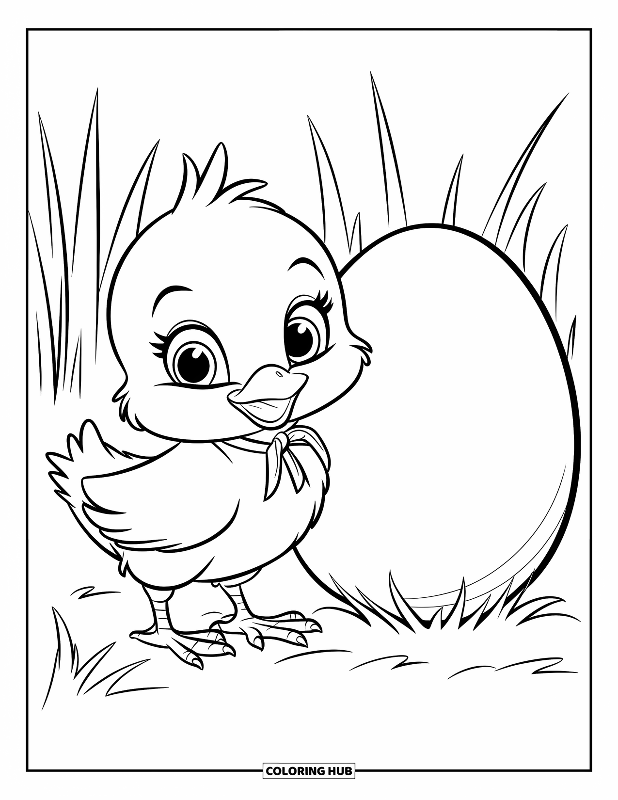 Chicken Coloring Page for Kids: Chick with a red ribbon beside a large egg in a grassy field