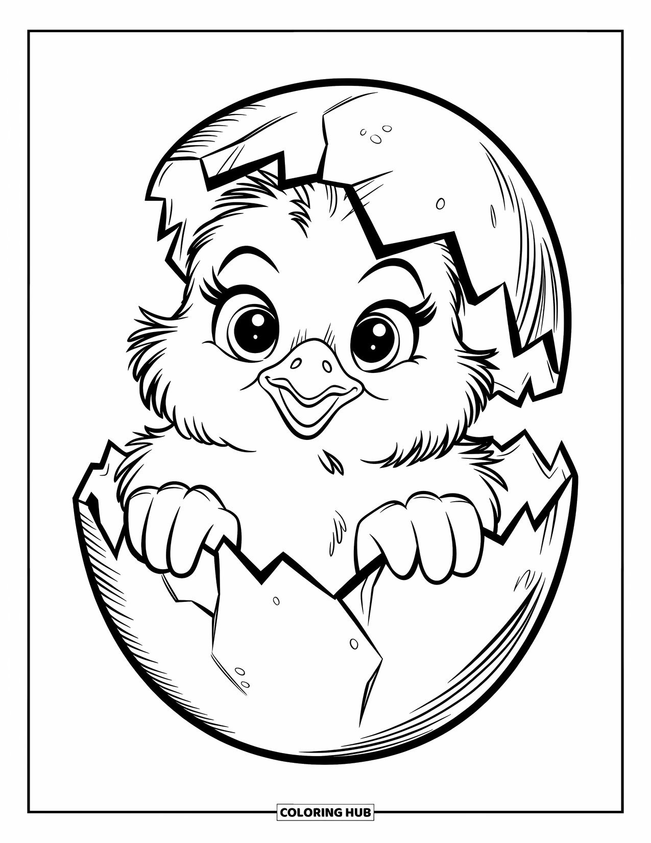 Chicken Coloring Page for Kids: Chick with big eyes popping out of a cracked eggshell