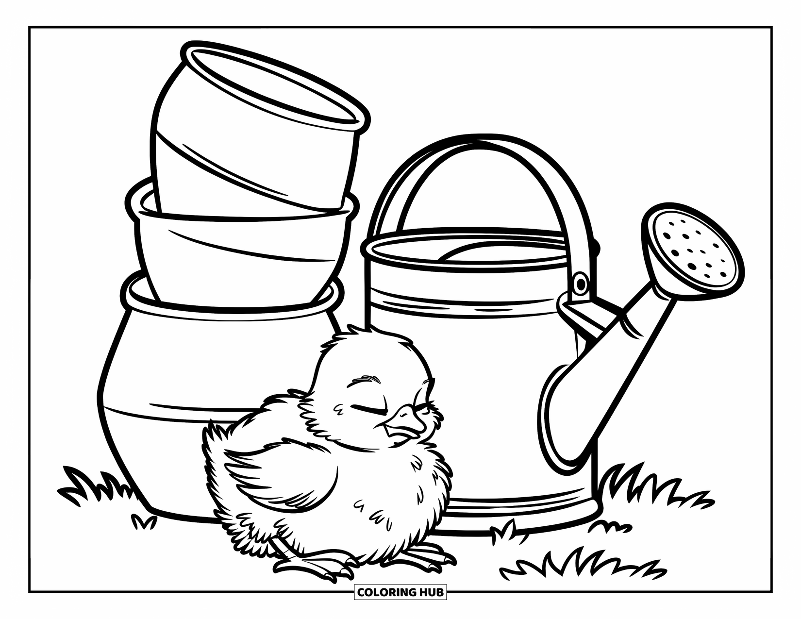 Chicken Coloring Page for Kids: Chick with closed eyes beside a watering can and stacked pots