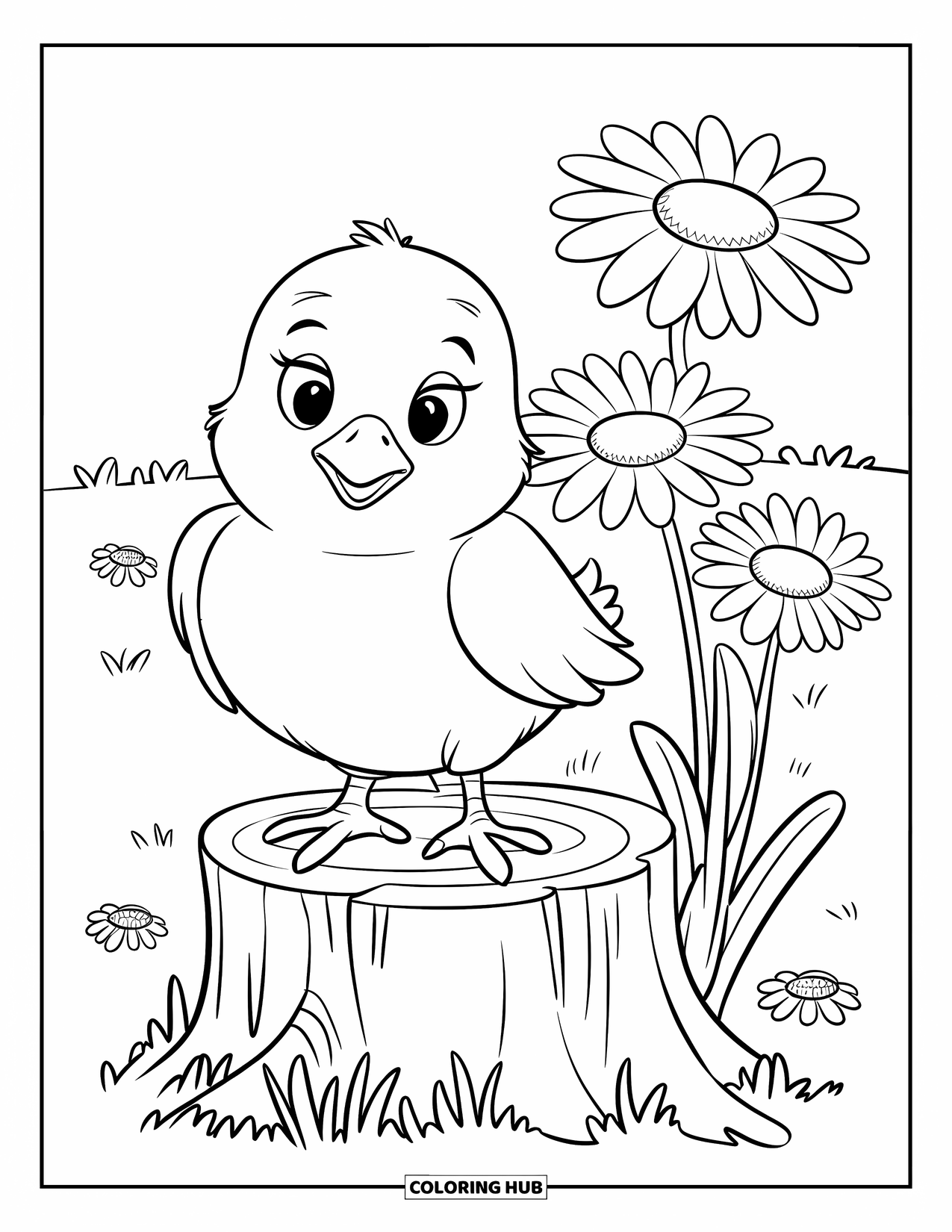 Chicken Coloring Page for Kids: Chick with folded wings sitting near daisies on a mossy stump