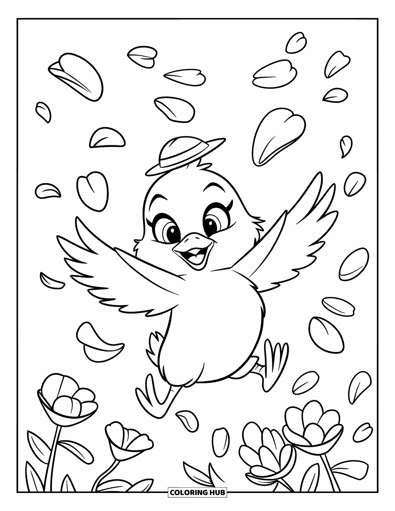 Chicken Coloring Page for Kids: Chick with outstretched wings and flower petals, wearing a tiny hat