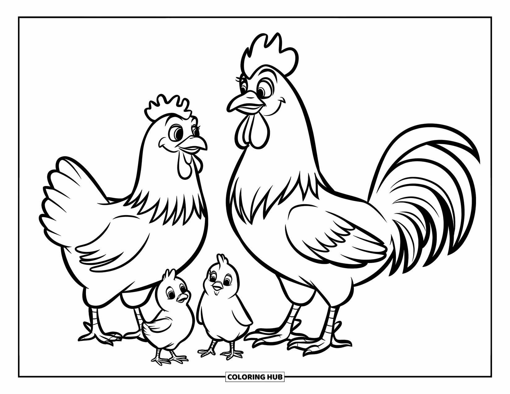 Chicken Coloring Page for Kids: Chicken family walking together with bold outlines and white space