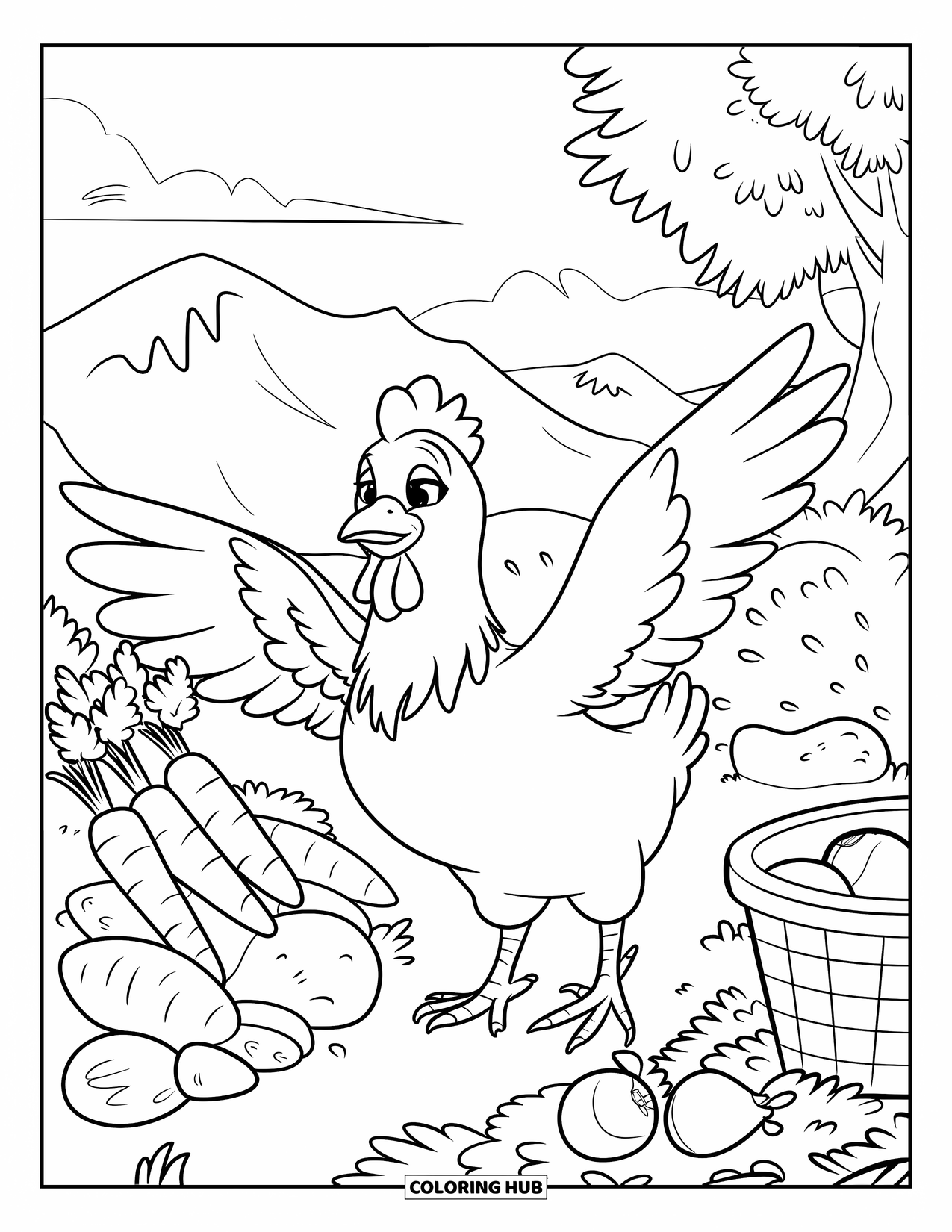 Chicken Coloring Page for Kids: Chicken flapping near veggies and a basket in a mountain setting