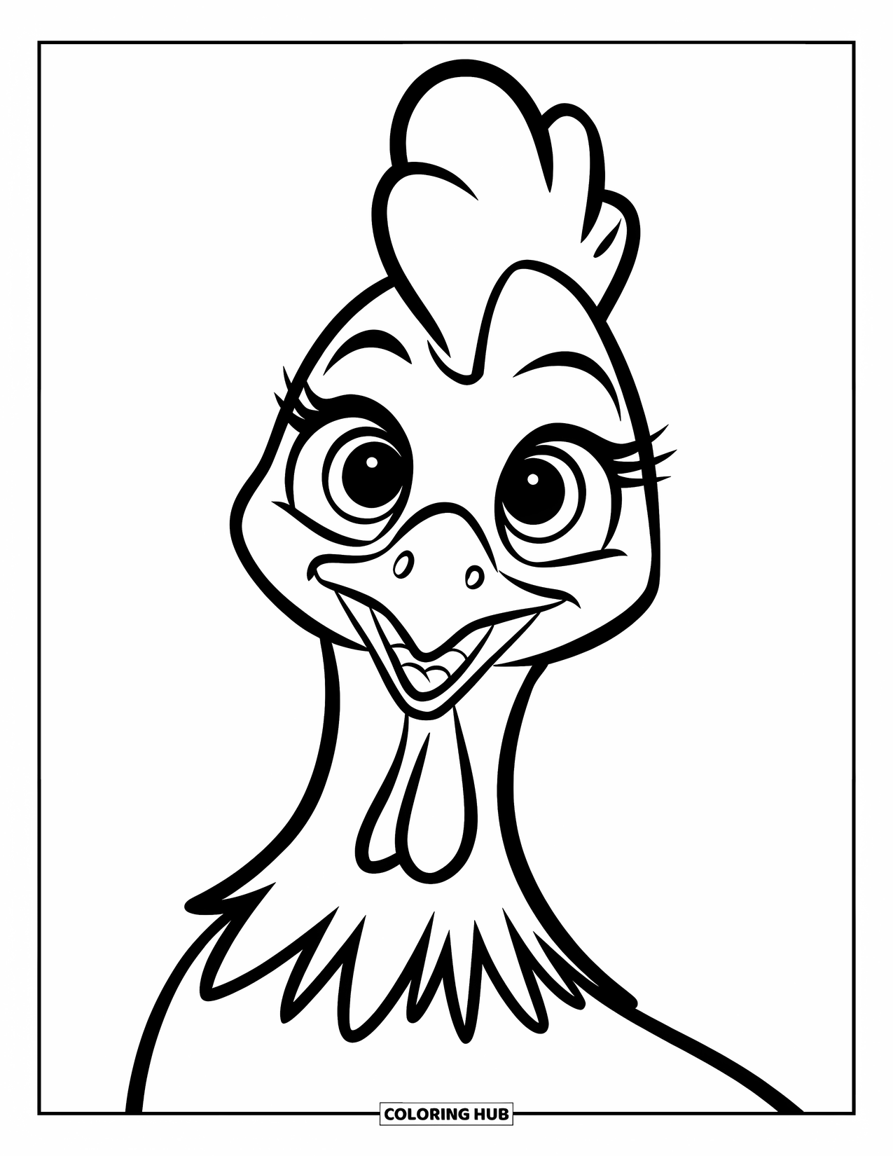 Chicken Coloring Page for Kids: Chicken head with comb and big eyes drawn in a simple style