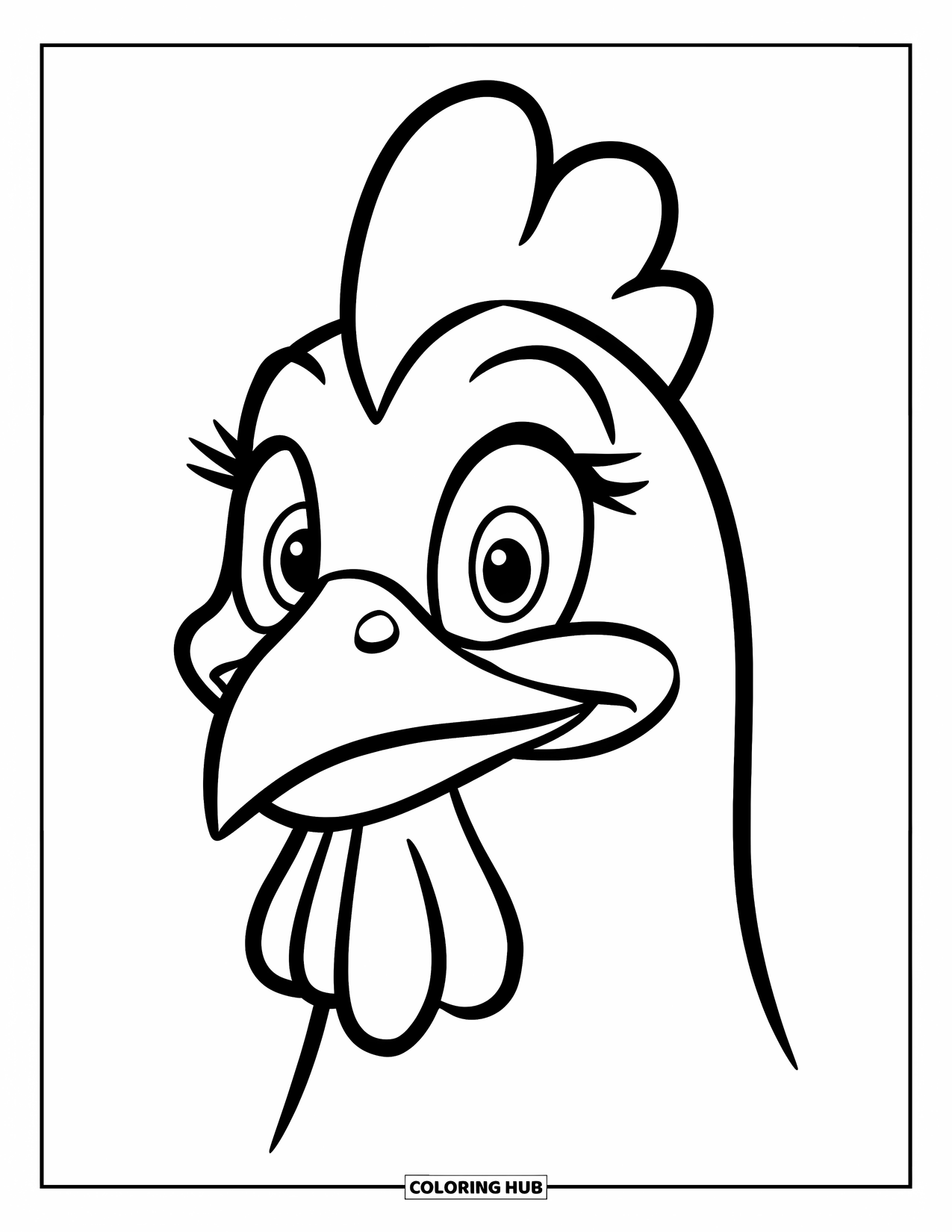 Chicken Coloring Page for Kids: Chicken head with large eyes and simple cheerful expression