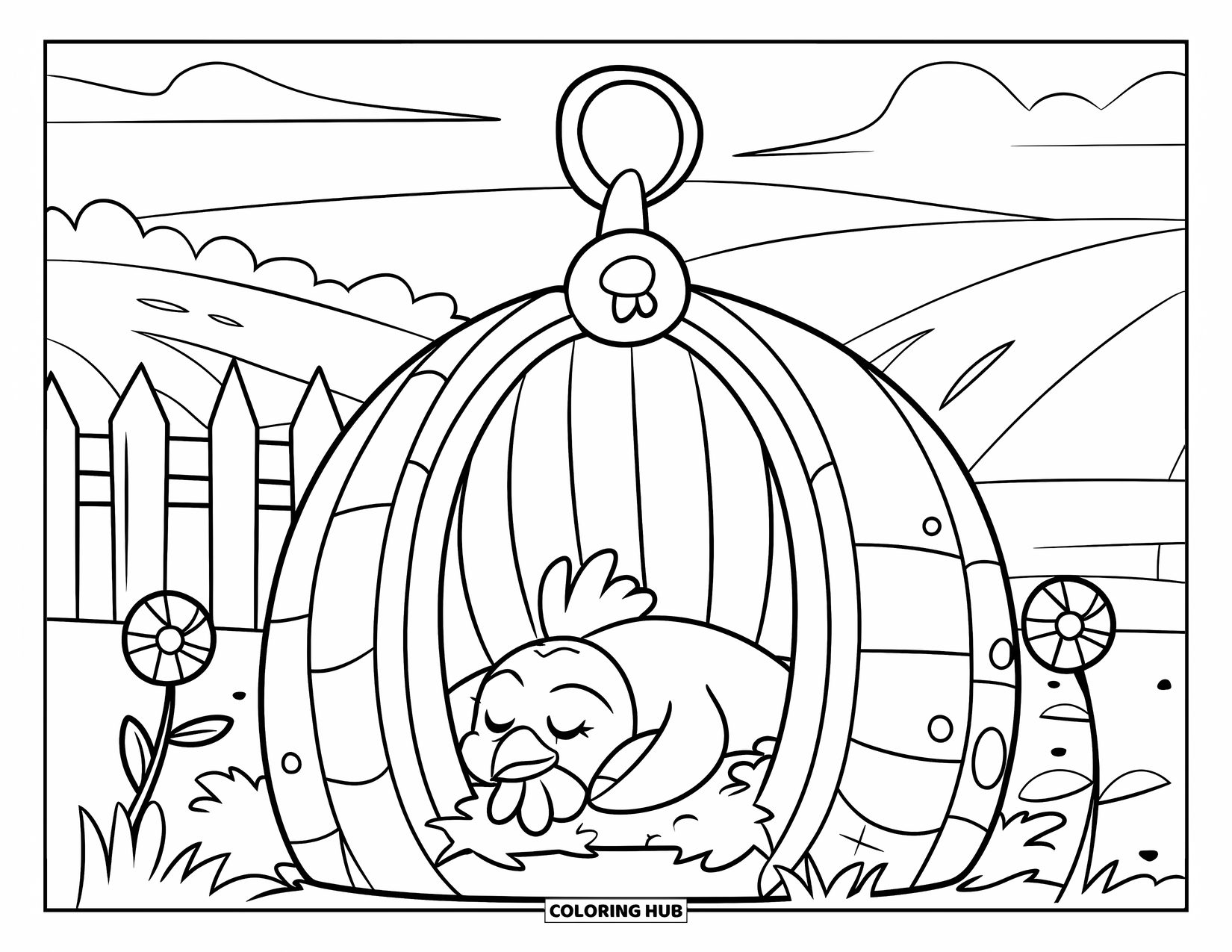 Chicken Coloring Page for Kids: Chicken resting in a round coop near flowers and a wooden fence