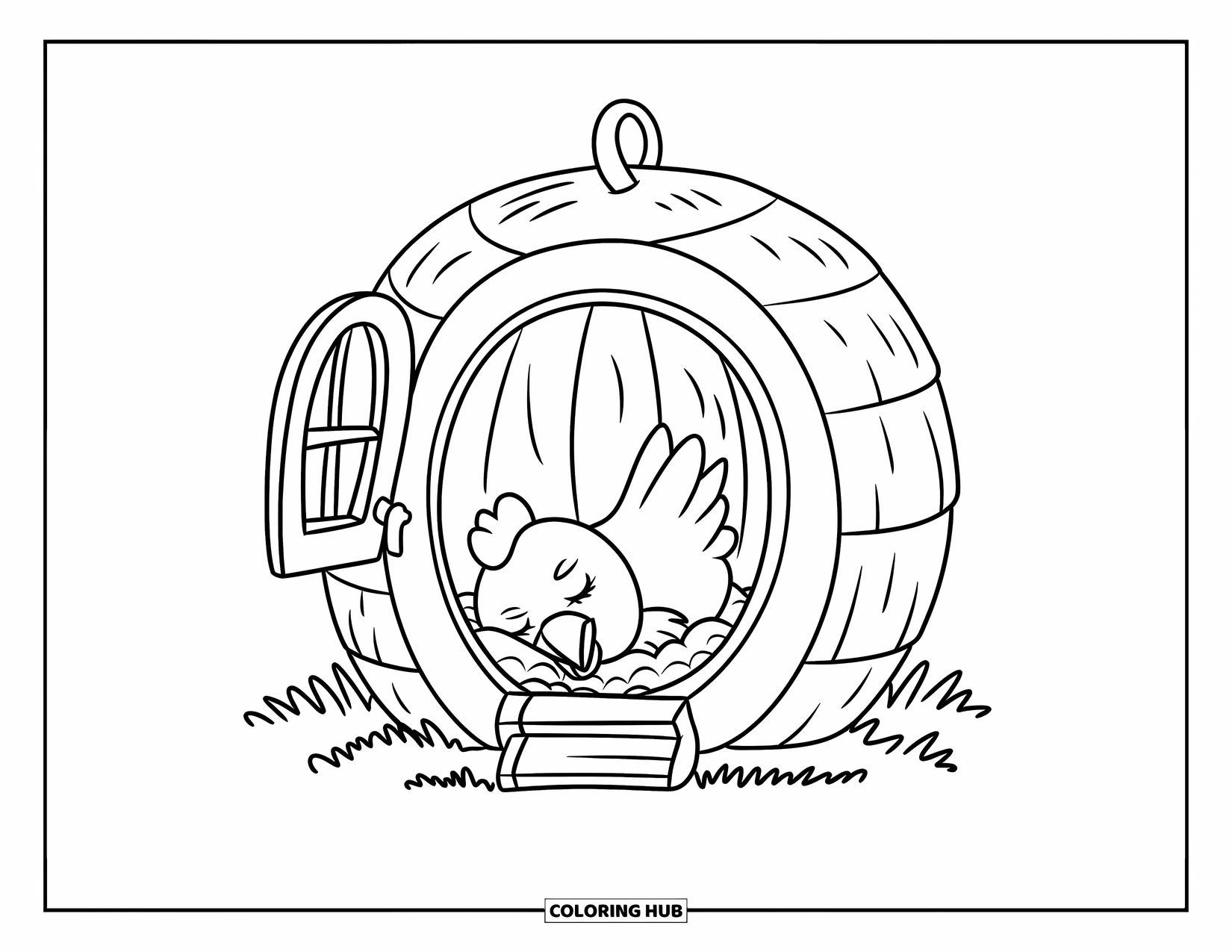 Chicken Coloring Page for Kids: Chicken sleeping inside a cozy round coop with a peaceful field outside