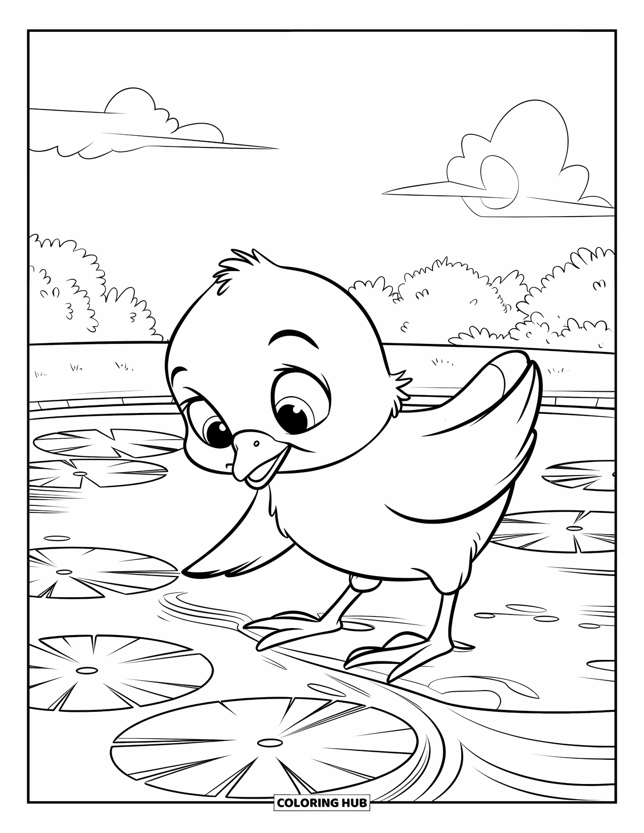 Chicken Coloring Page for Kids: Curious chick stands on a lily pad by a calm pond
