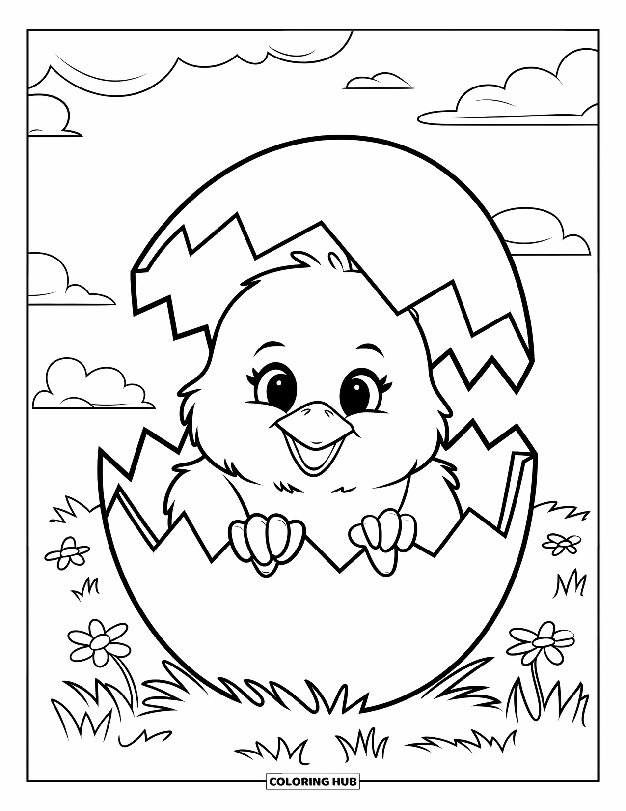 Chicken Coloring Page for Kids: Cute chick in a cracked egg surrounded by grass, flowers, and clouds