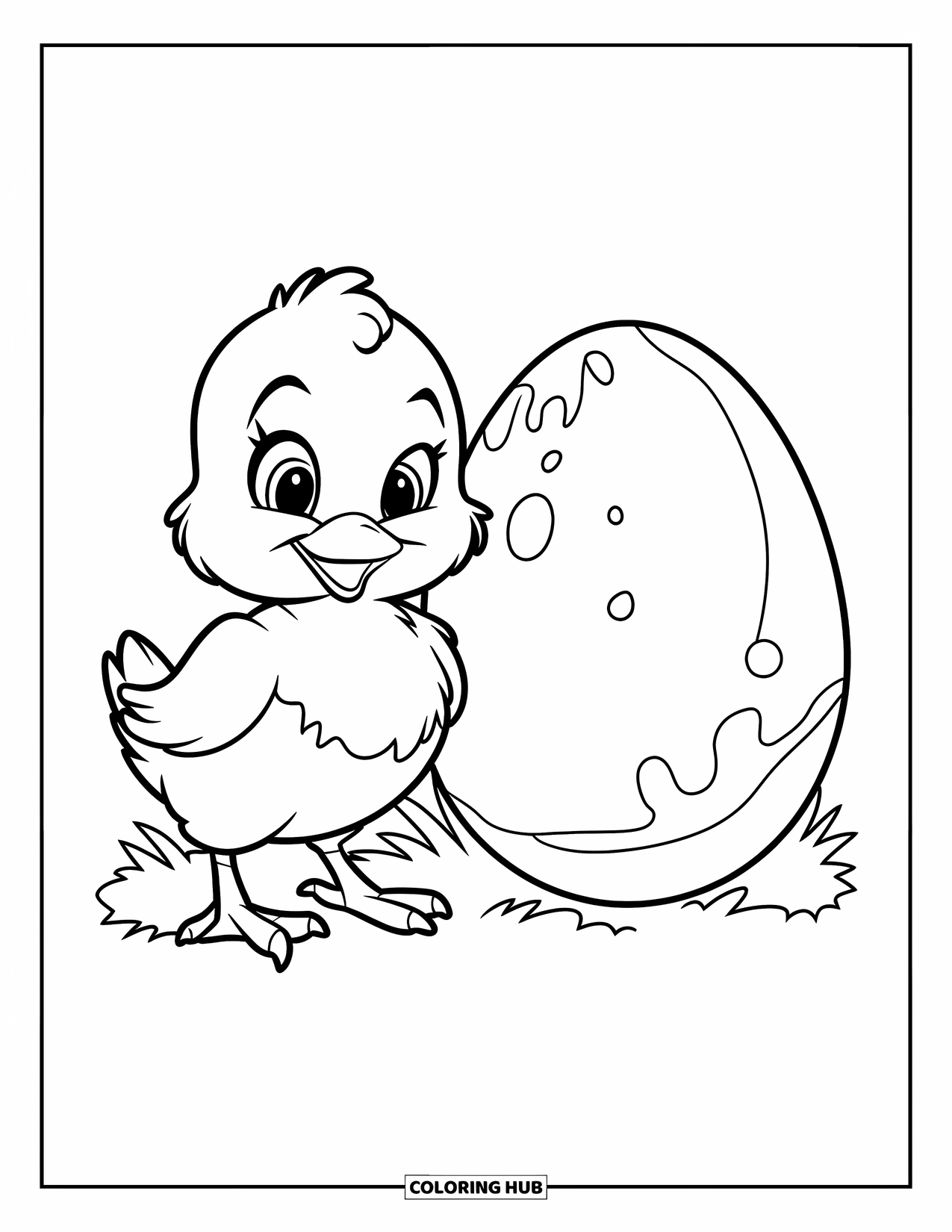 Chicken Coloring Page for Kids: Fluffy chick beside a white egg in the grass, ready to explore