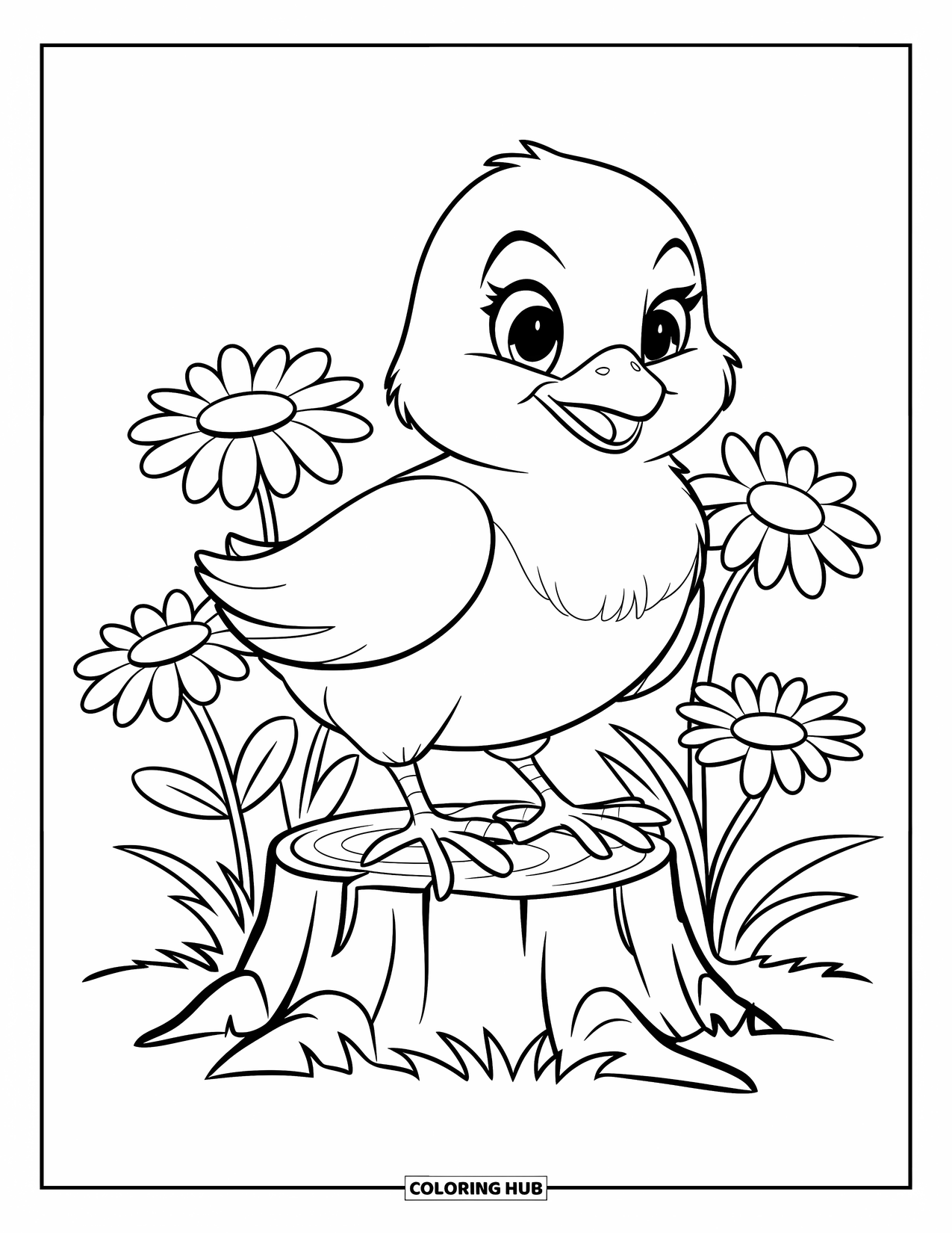 Chicken Coloring Page for Kids: Fluffy chick perched on a stump with daisies around it