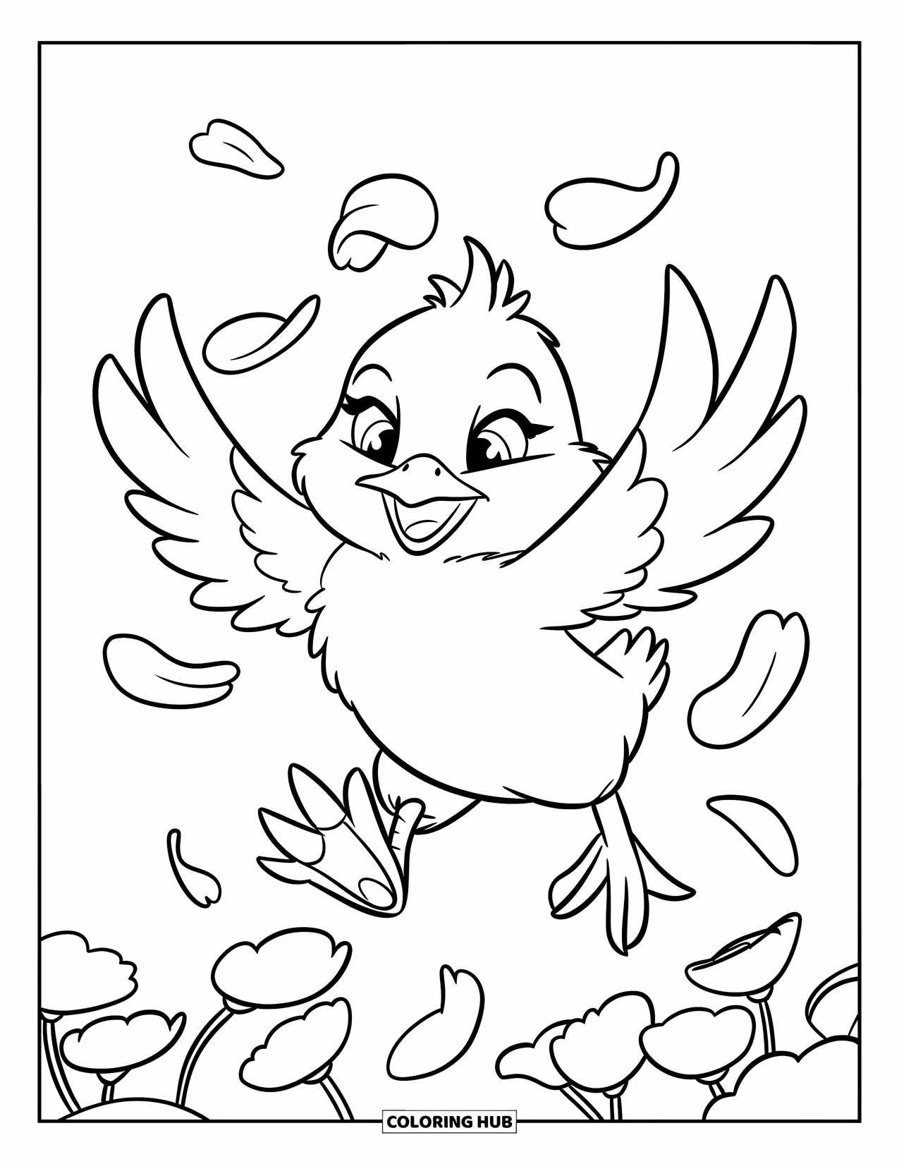 Chicken Coloring Page for Kids: Fluffy chick playing with flower petals falling gently from above