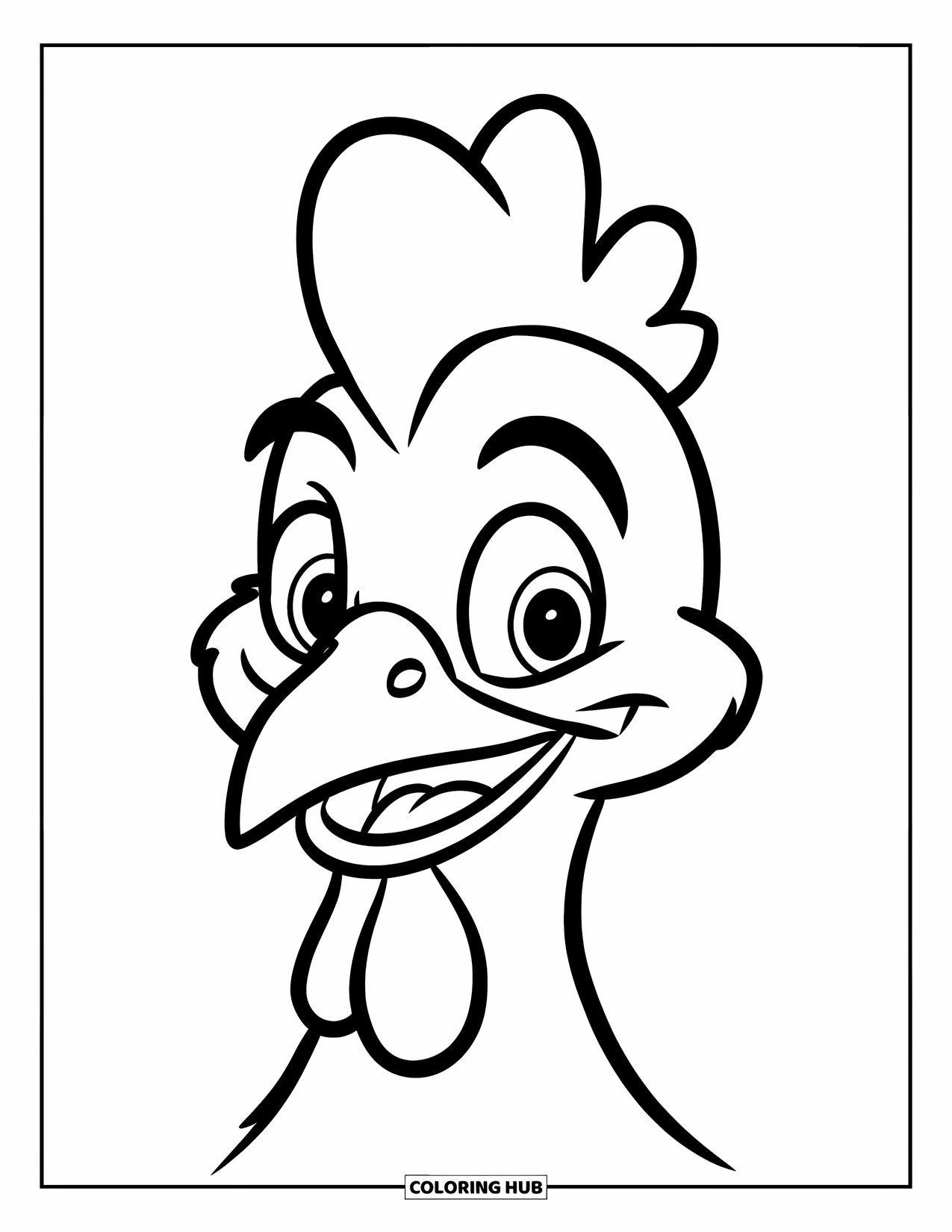 Chicken Coloring Page for Kids: Happy chicken face with comb and bold, clean outlines