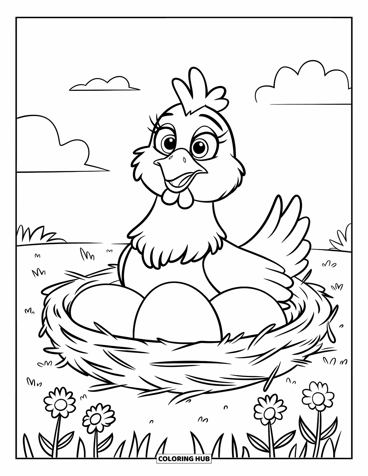 Chicken Coloring Page for Kids: Happy hen sitting in a nest with three big eggs in the grass
