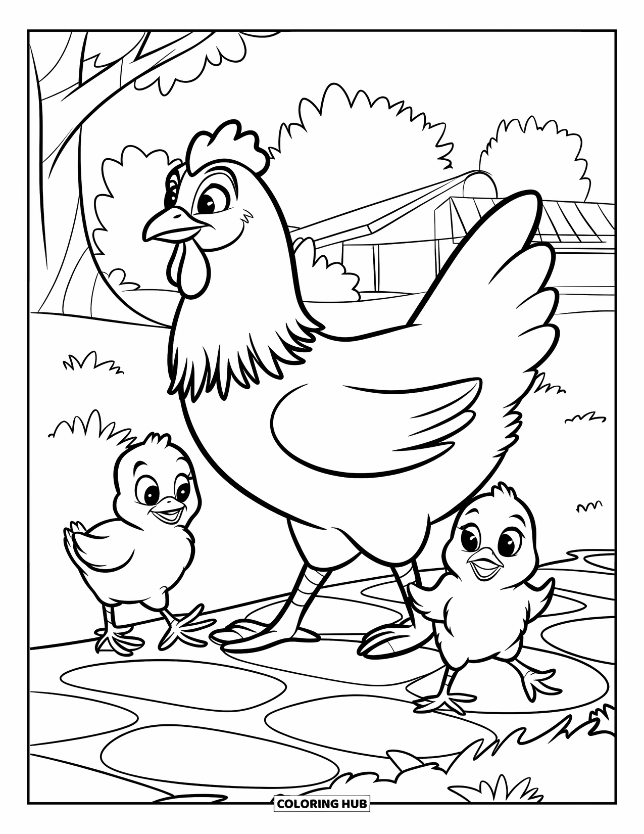 Chicken Coloring Page for Kids: Hen and chicks walking across a stone path in the grass