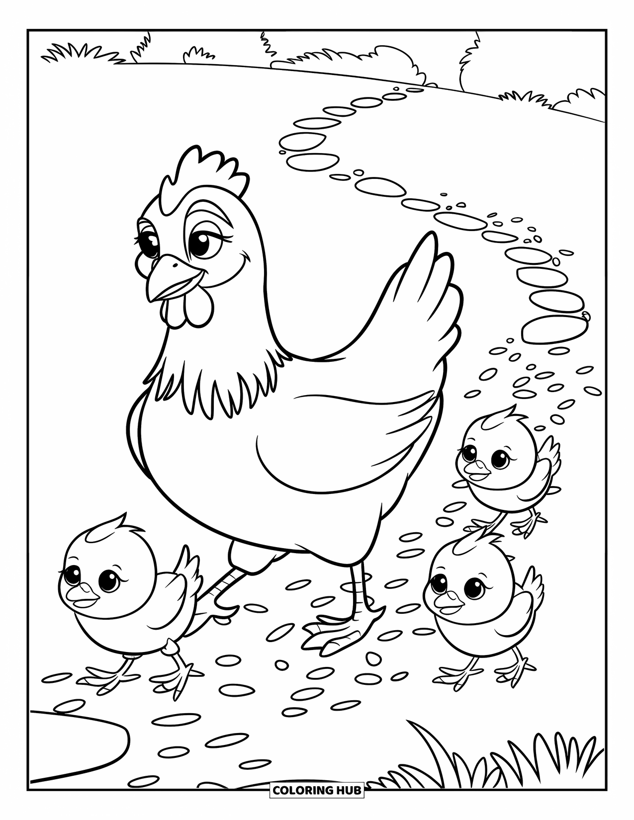 Chicken Coloring Page for Kids: Hen and chicks walking on a path with scattered grain and green grass