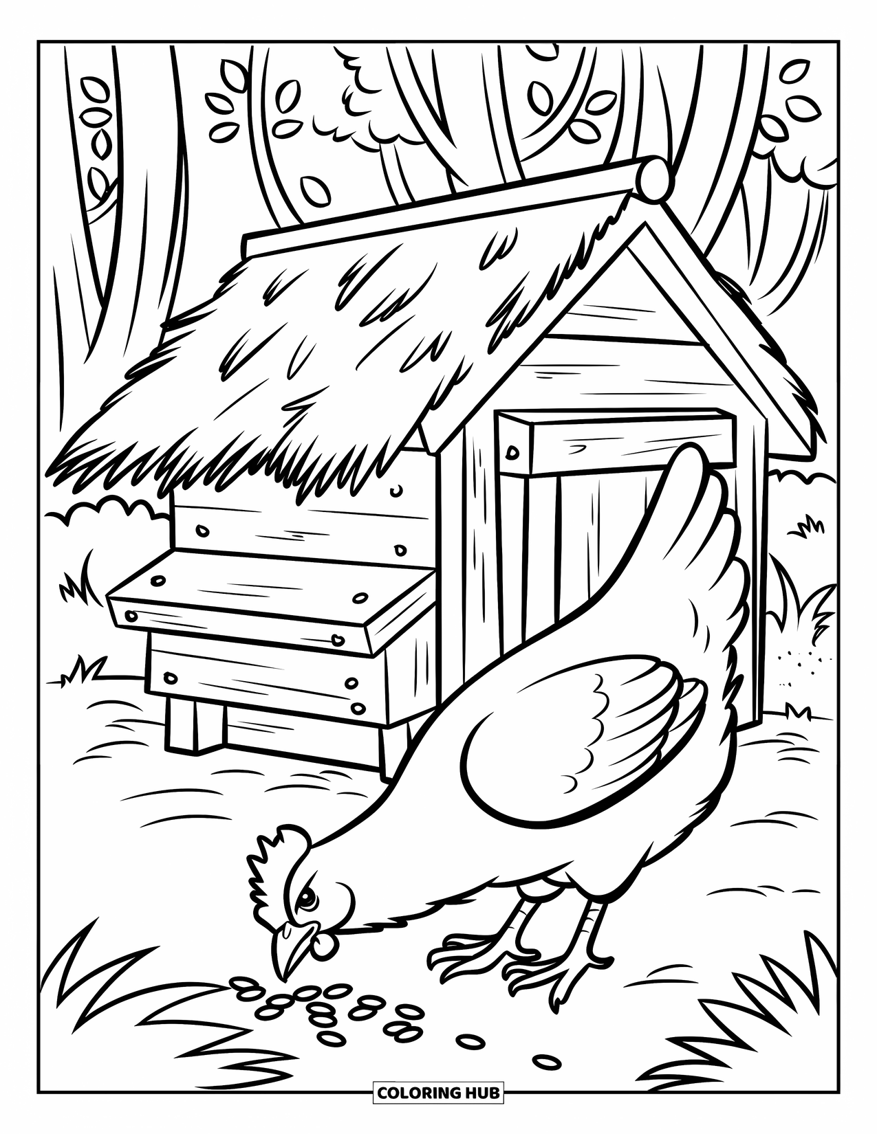 Chicken Coloring Page for Kids: Hen eating grains by a coop surrounded by tall trees