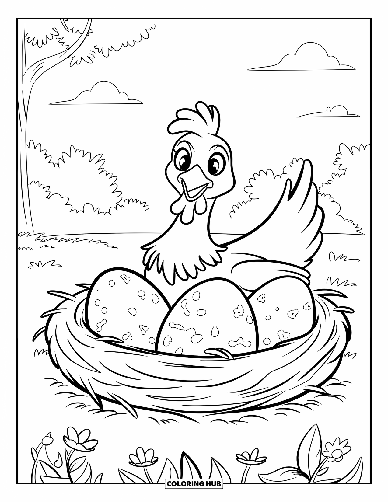 Chicken Coloring Page for Kids: Hen in a nest with speckled eggs, surrounded by flowers and leaves