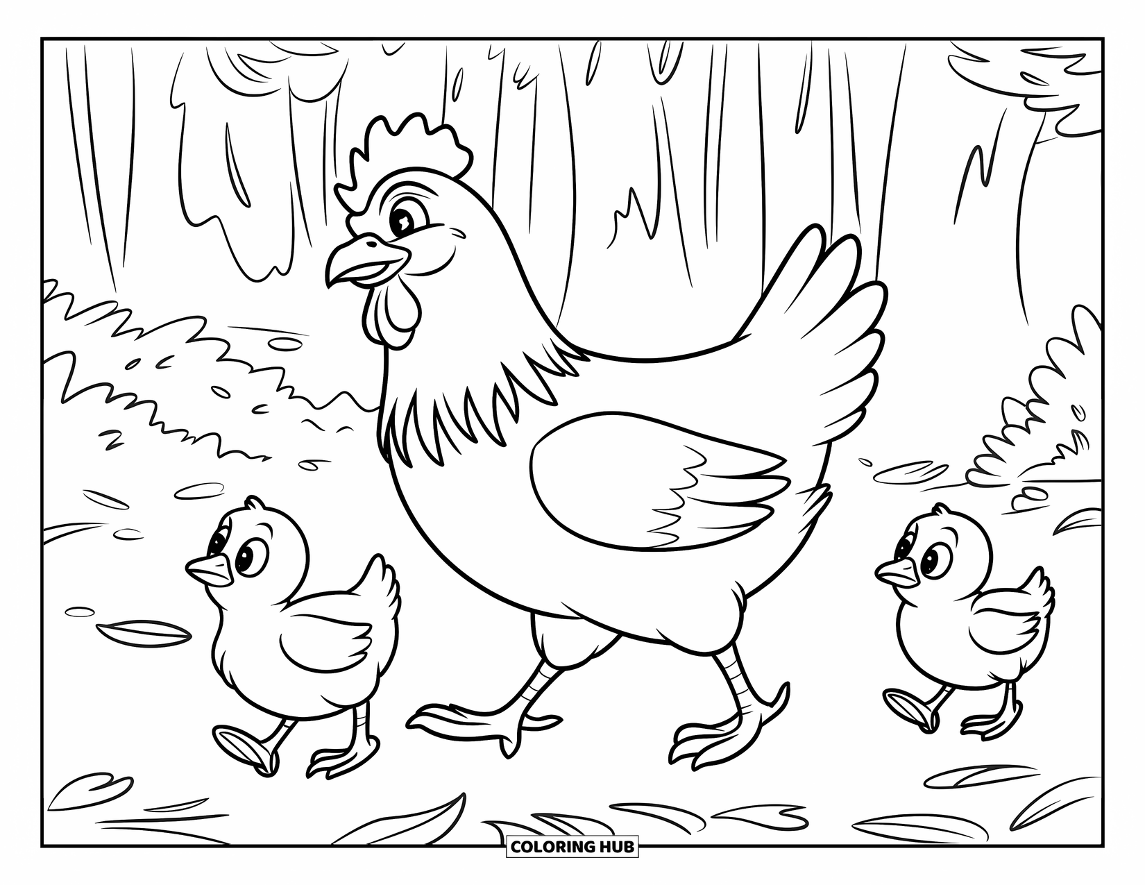 Chicken Coloring Page for Kids: Hen leads chicks through fallen leaves in a forest scene