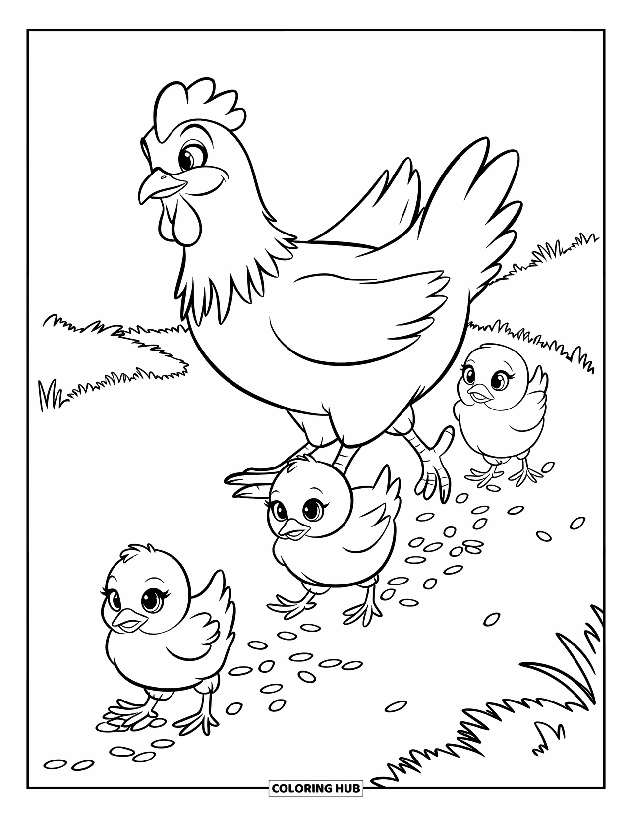 Chicken Coloring Page for Kids: Hen leads three chicks down a trail of grain in a green field