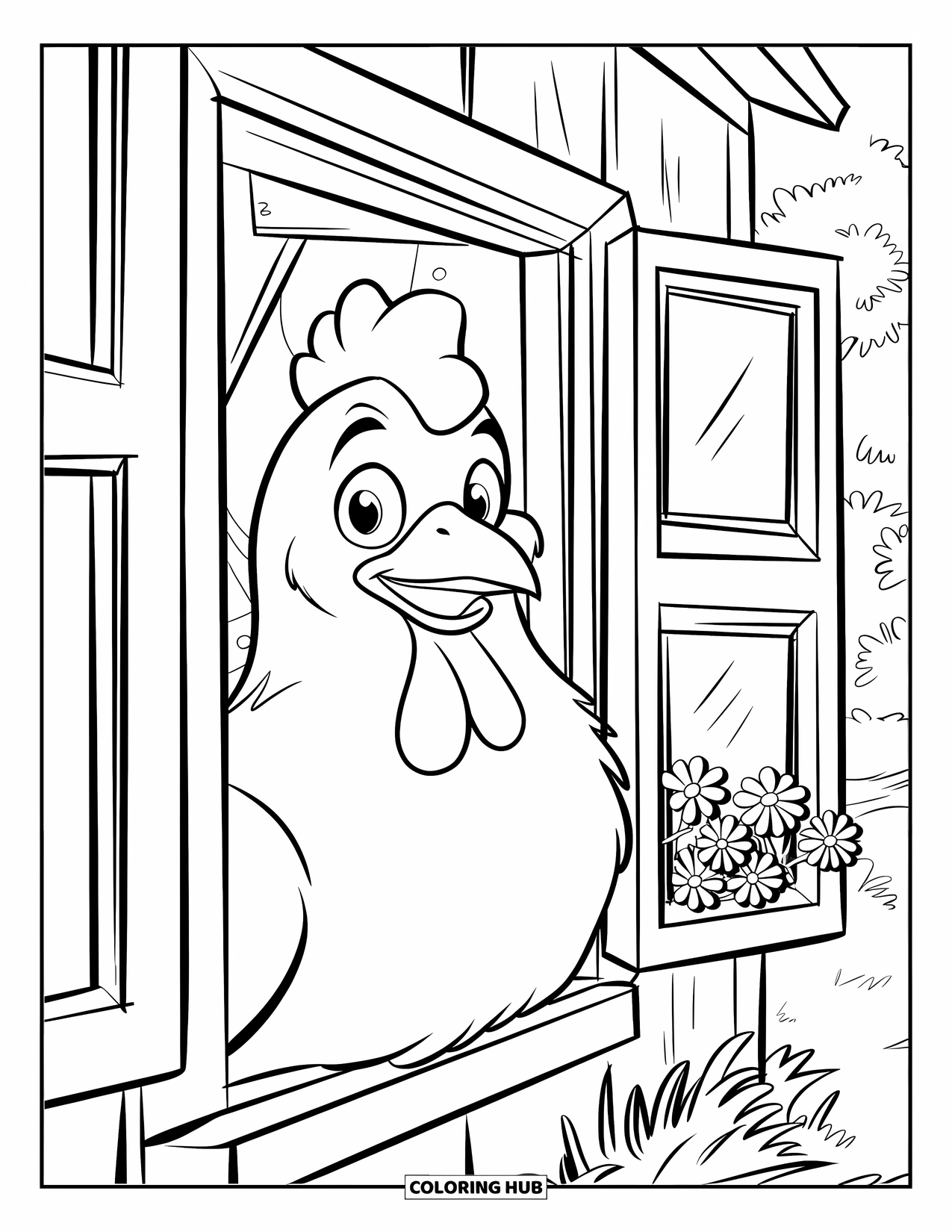 Chicken Coloring Page for Kids: Hen looking out a window framed with flowers and surrounded by trees