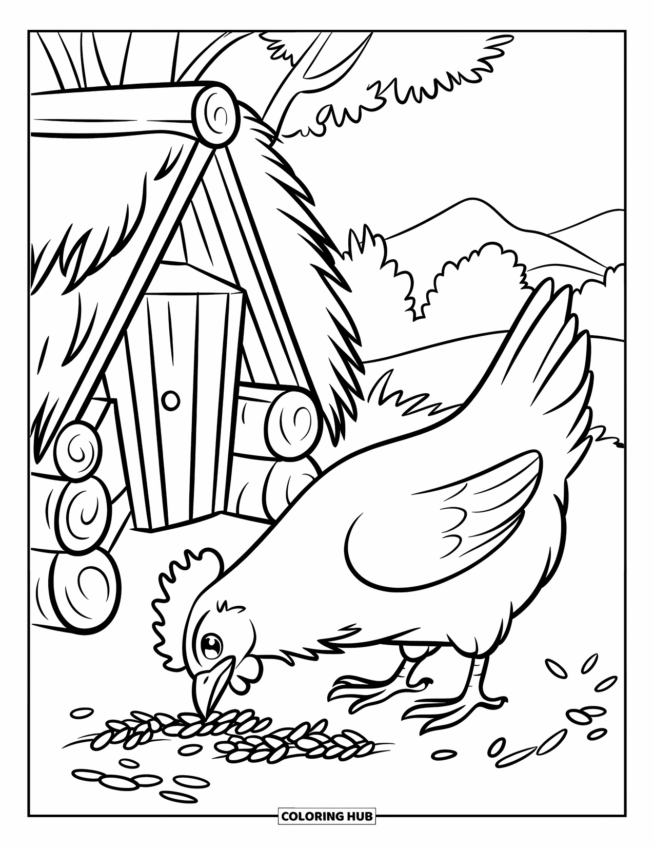 Chicken Coloring Page for Kids: Hen pecking grains near a small wooden coop in the field